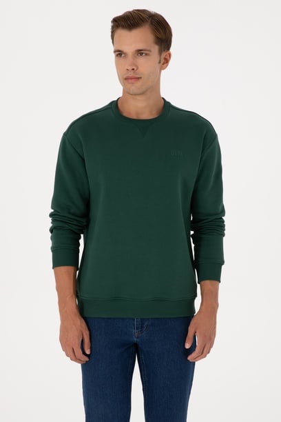 Erkek Comfort Fit Bisiklet Yaka Şardonlu Koyu Yeşil Basic Sweatshirt