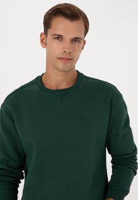 Erkek Comfort Fit Bisiklet Yaka Şardonlu Koyu Yeşil Basic Sweatshirt - 50313757081