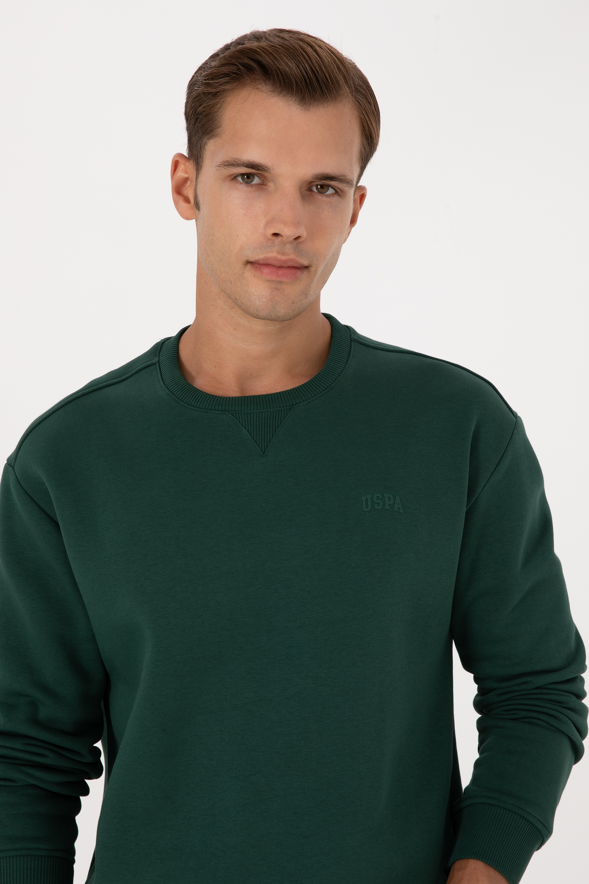 Erkek Comfort Fit Bisiklet Yaka Şardonlu Koyu Yeşil Basic Sweatshirt - Image 2