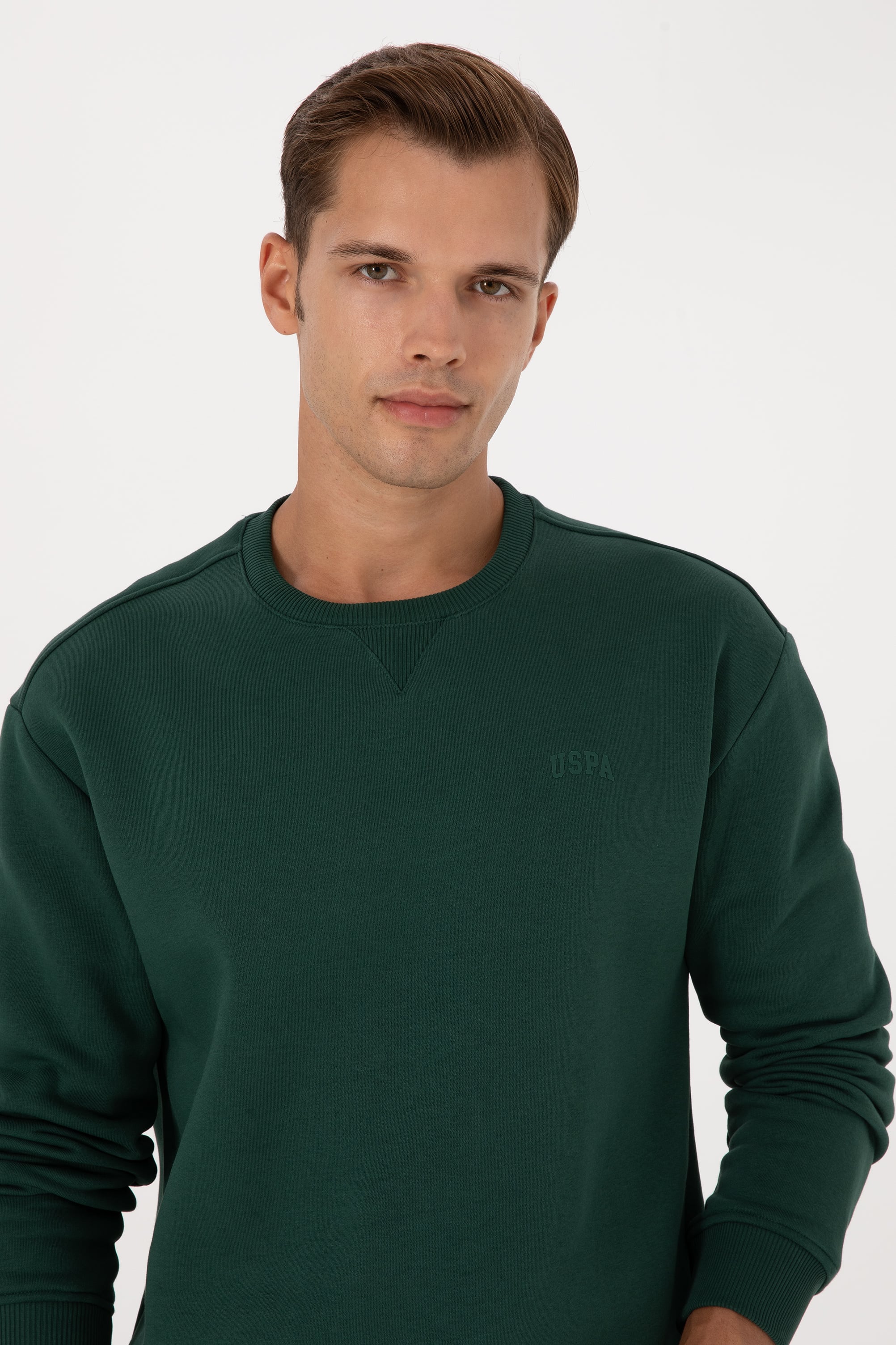 Erkek Comfort Fit Bisiklet Yaka Şardonlu Koyu Yeşil Basic Sweatshirt