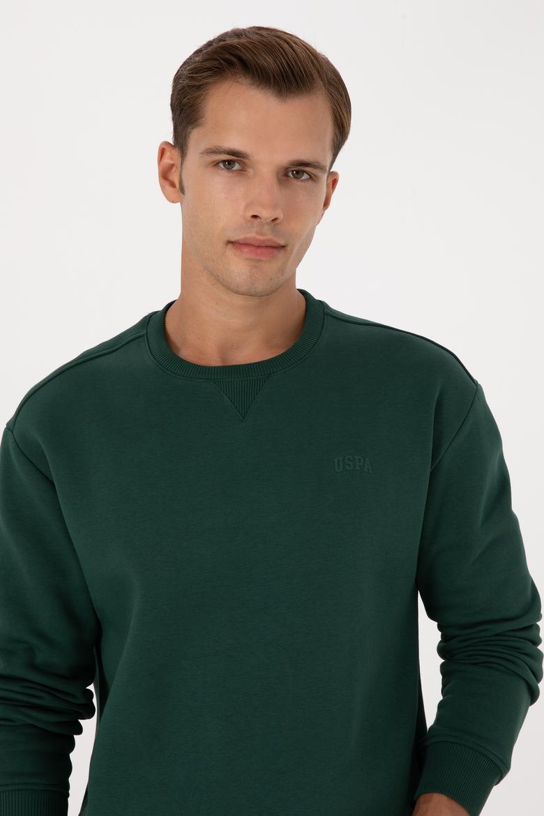 Erkek Comfort Fit Bisiklet Yaka Şardonlu Koyu Yeşil Basic Sweatshirt - 50313757081