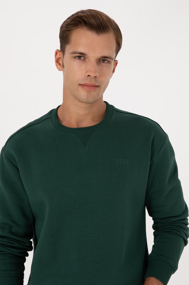 Erkek Comfort Fit Bisiklet Yaka Şardonlu Koyu Yeşil Basic Sweatshirt