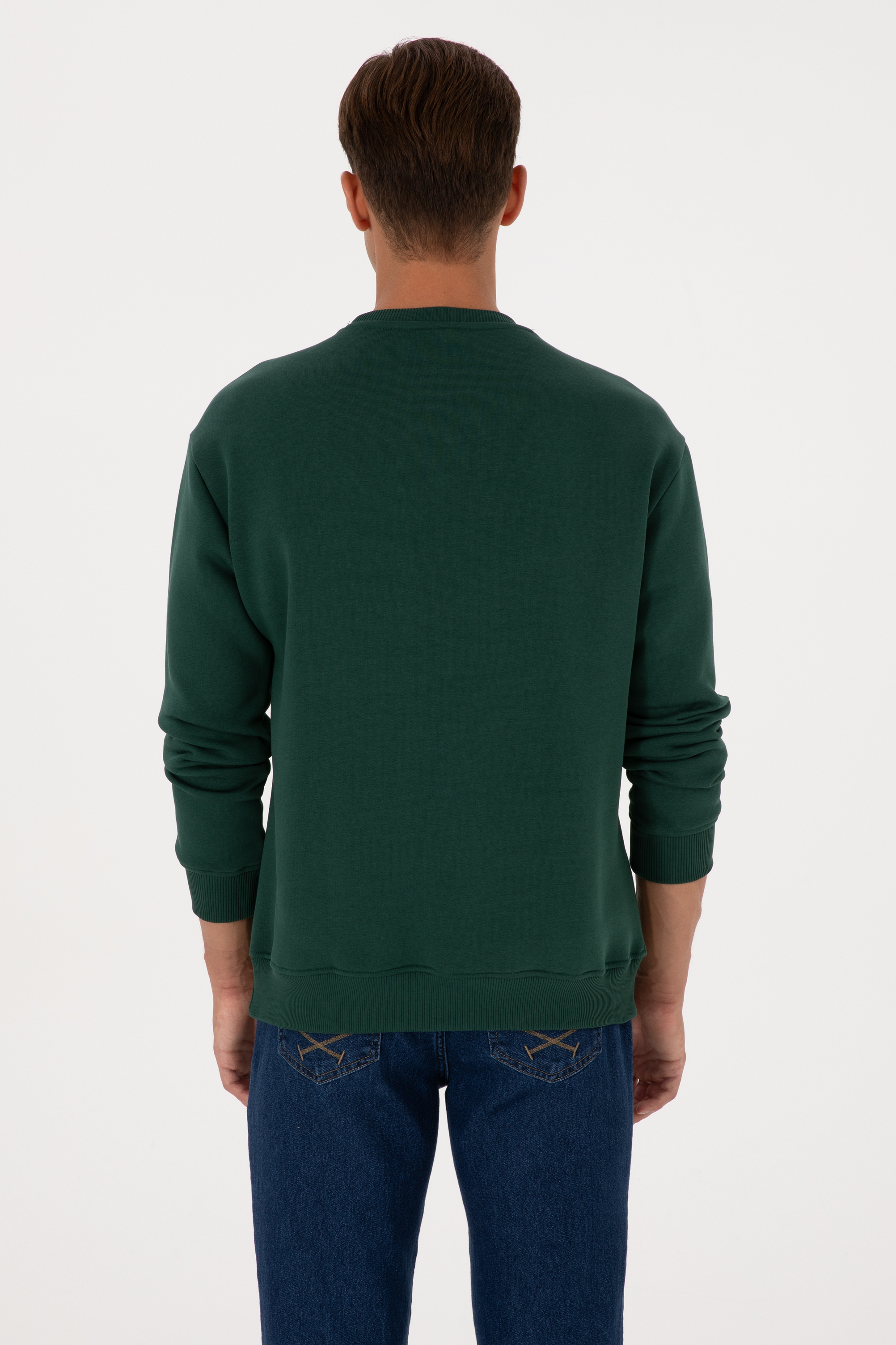 Erkek Comfort Fit Bisiklet Yaka Şardonlu Koyu Yeşil Basic Sweatshirt - Image 5