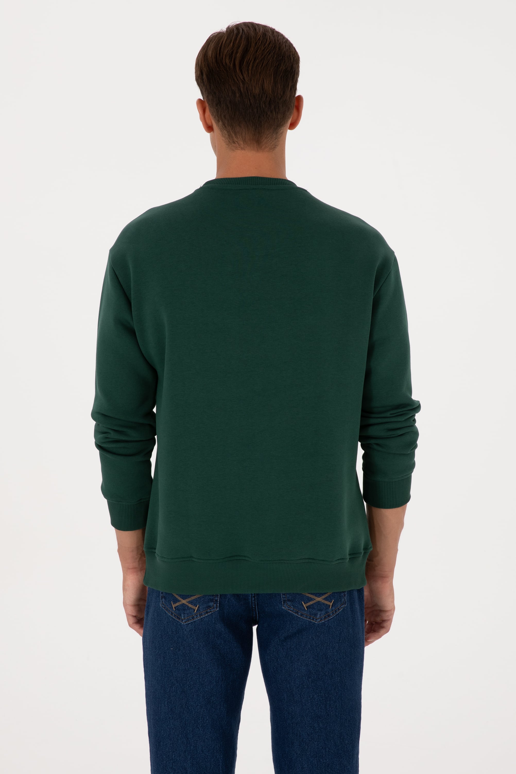 Erkek Comfort Fit Bisiklet Yaka Şardonlu Koyu Yeşil Basic Sweatshirt