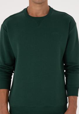Erkek Comfort Fit Bisiklet Yaka Şardonlu Koyu Yeşil Basic Sweatshirt - 50313757081