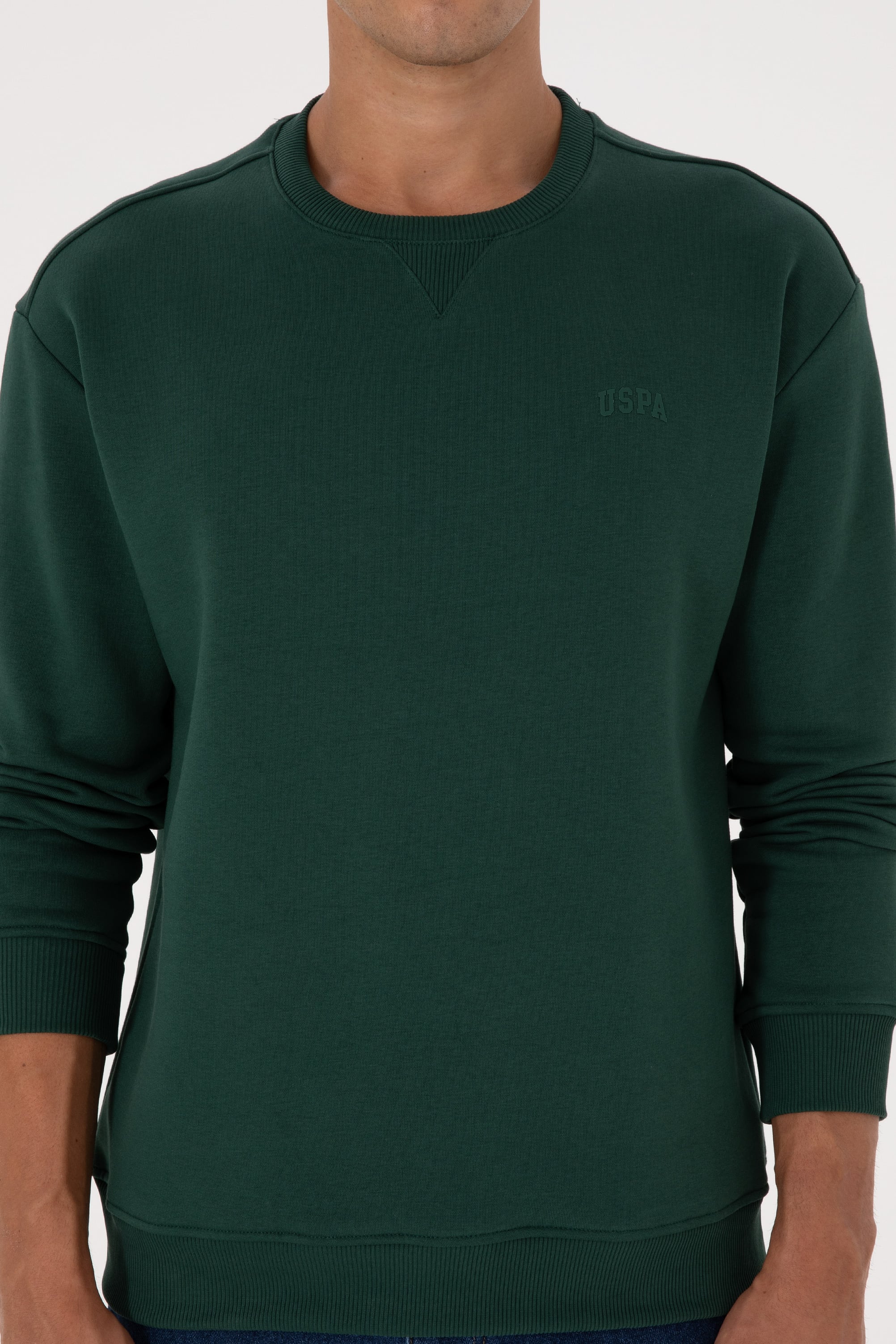 Erkek Comfort Fit Bisiklet Yaka Şardonlu Koyu Yeşil Basic Sweatshirt - Image 6