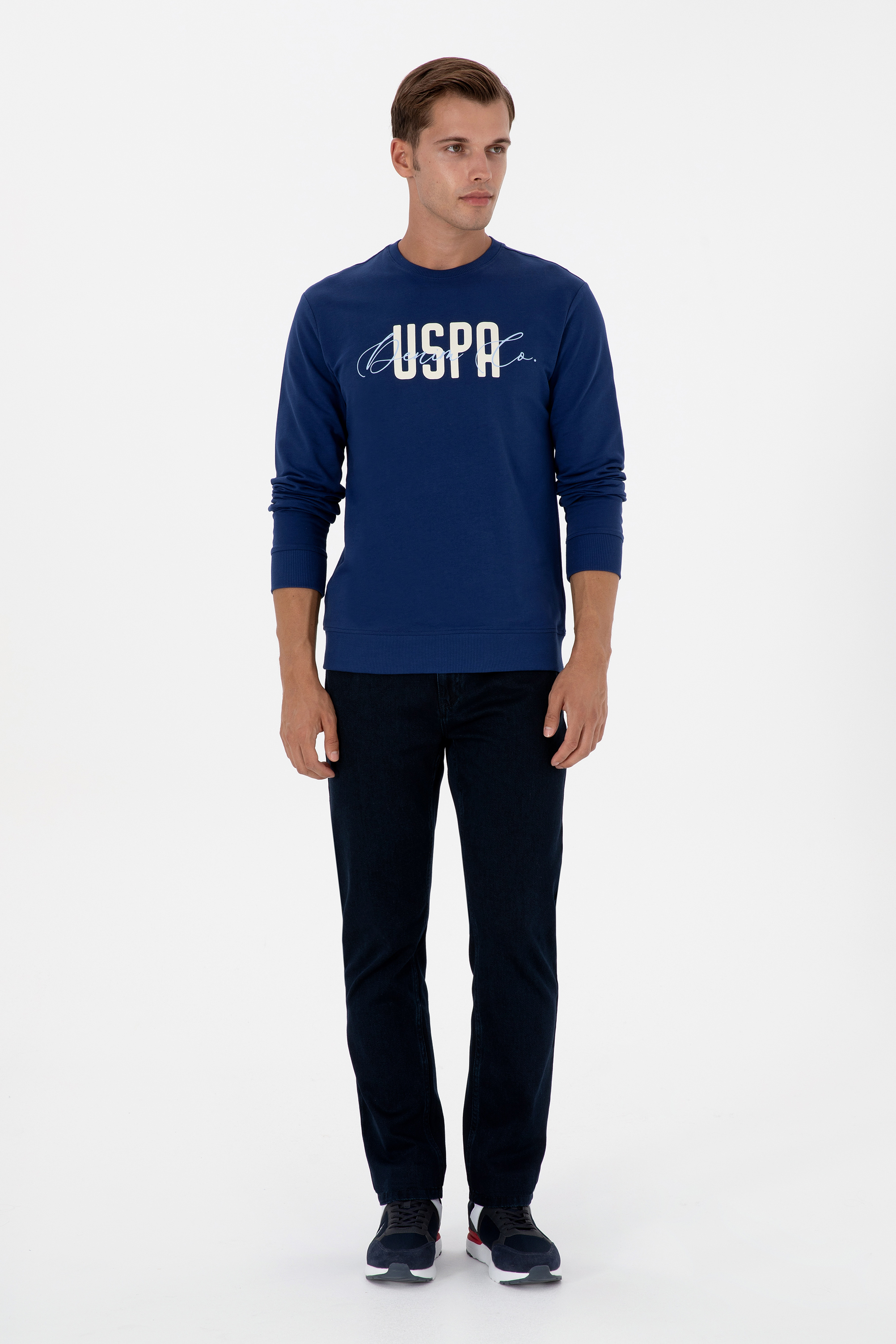 Erkek Regular Fit Bisiklet Yaka İndigo İnce Sweatshirt