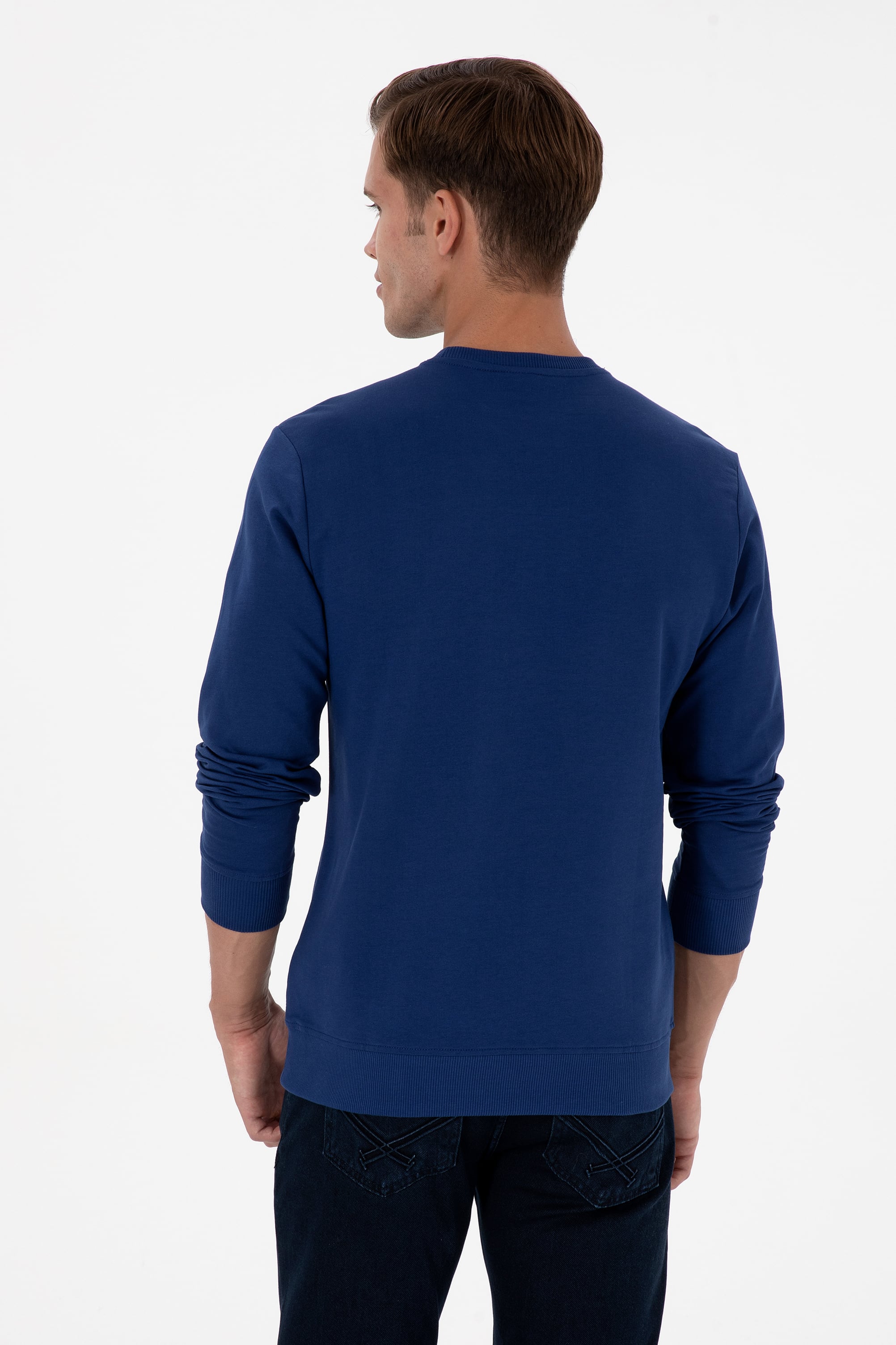 Erkek Regular Fit Bisiklet Yaka İndigo İnce Sweatshirt