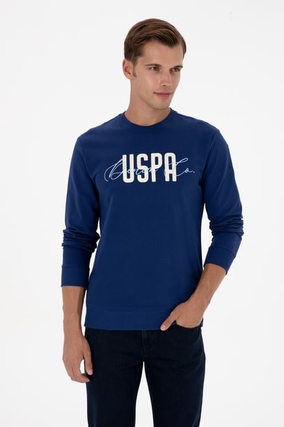 Erkek Regular Fit Bisiklet Yaka İndigo İnce Sweatshirt