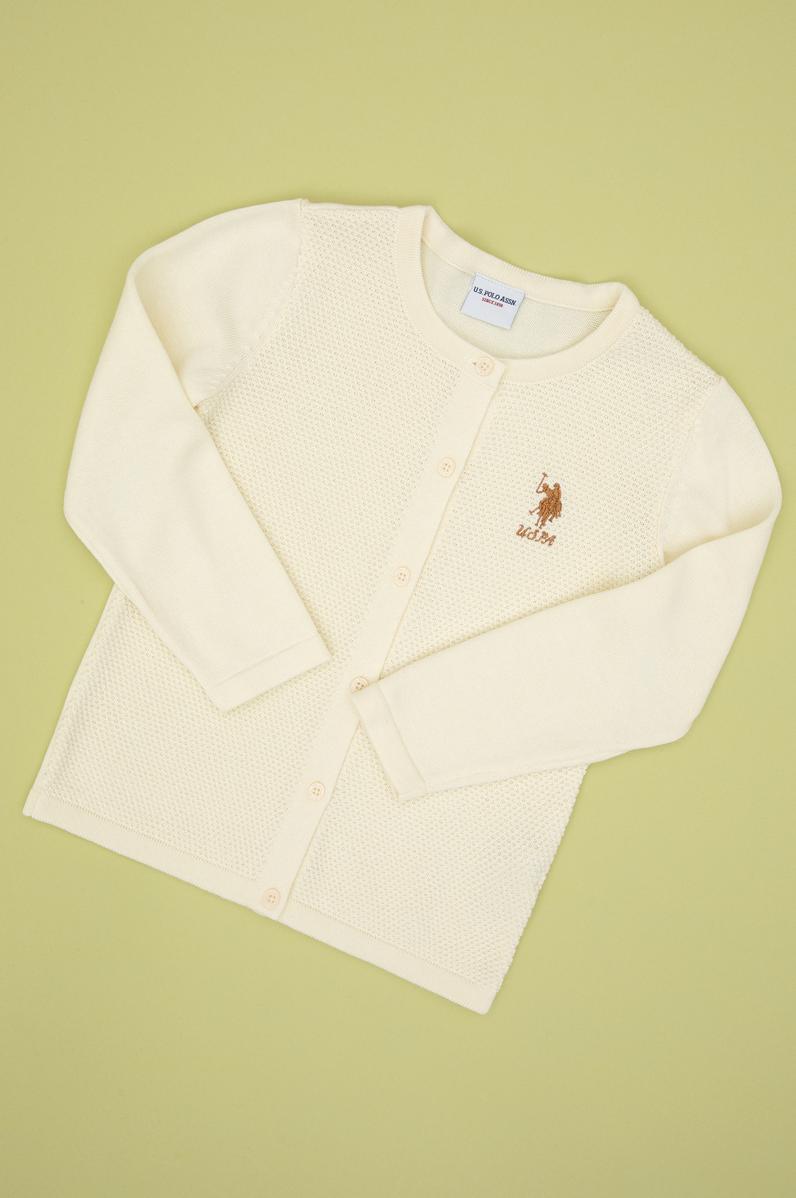 Kız Çocuk Krem Düğmeli Bisiklet Yaka Triko Hırka