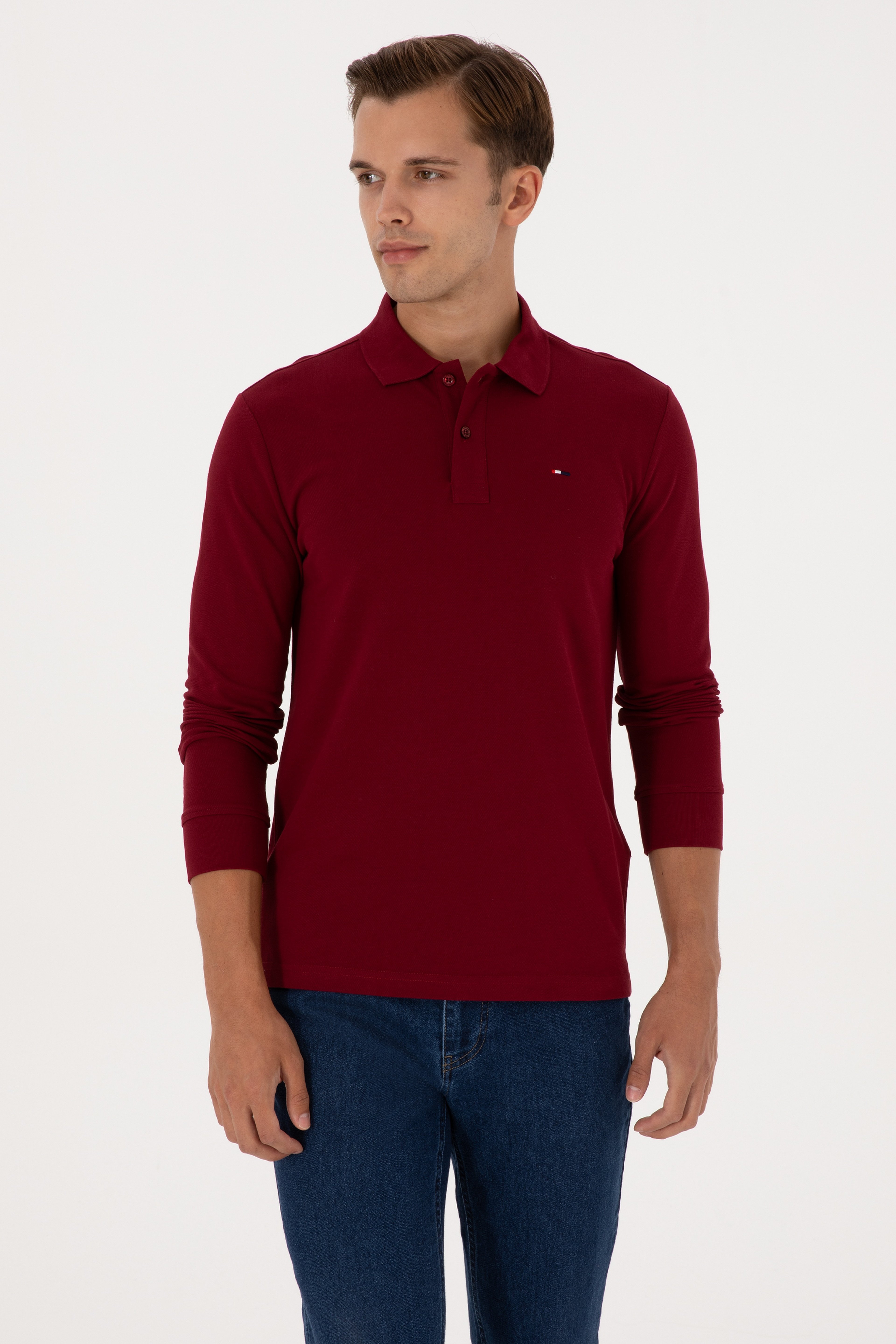 Erkek Regular Fit Polo Yaka Bordo Basic Sweatshirt - Image 3