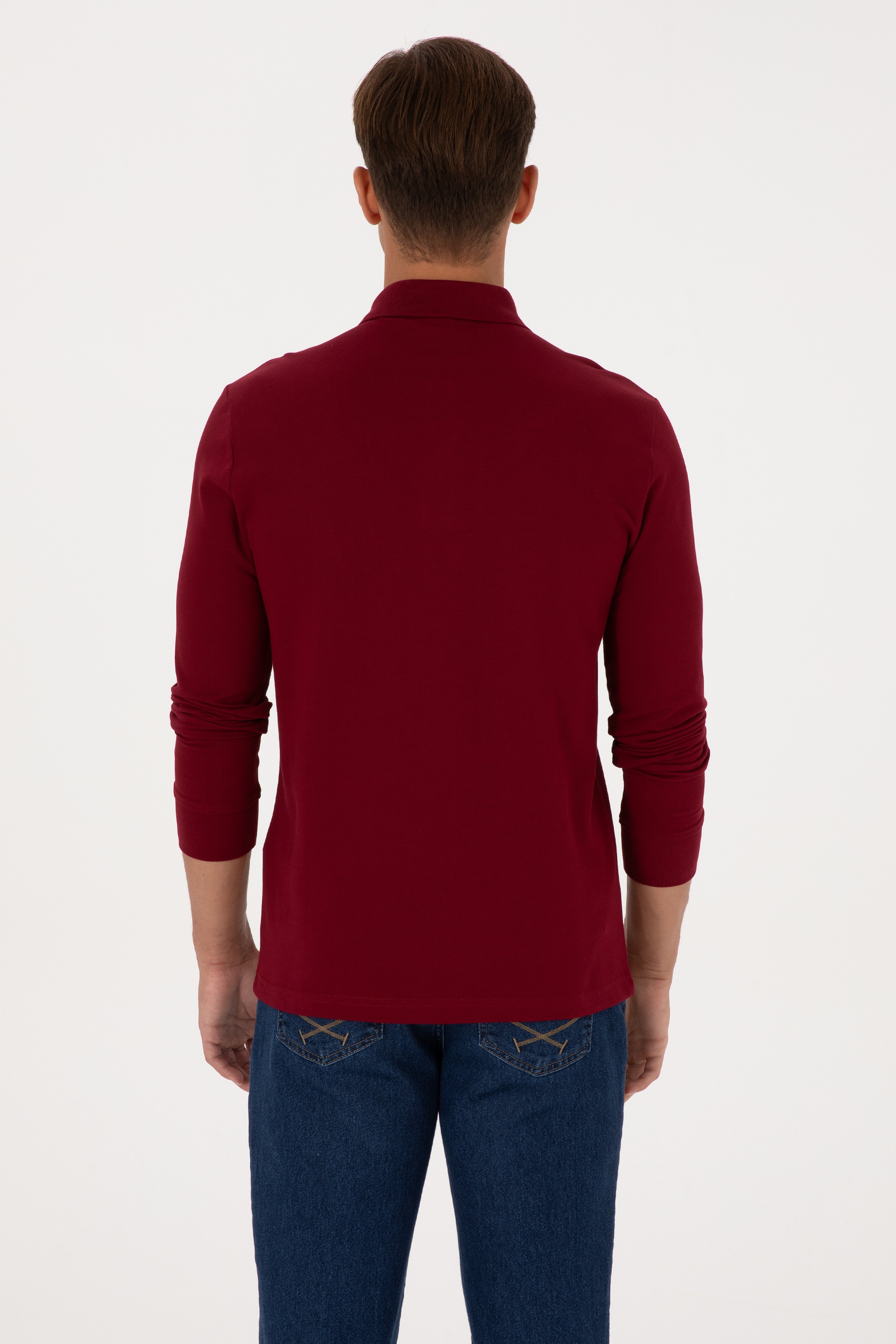 Erkek Regular Fit Polo Yaka Bordo Basic Sweatshirt - Image 5