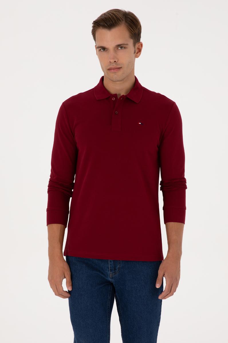 Erkek Regular Fit Polo Yaka Bordo Basic Sweatshirt