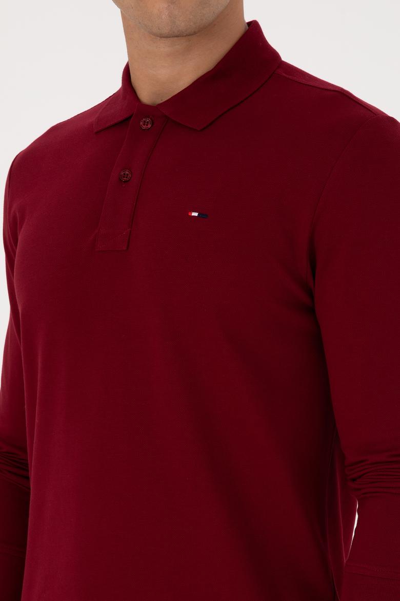 Erkek Regular Fit Polo Yaka Bordo Basic Sweatshirt - 50315941006
