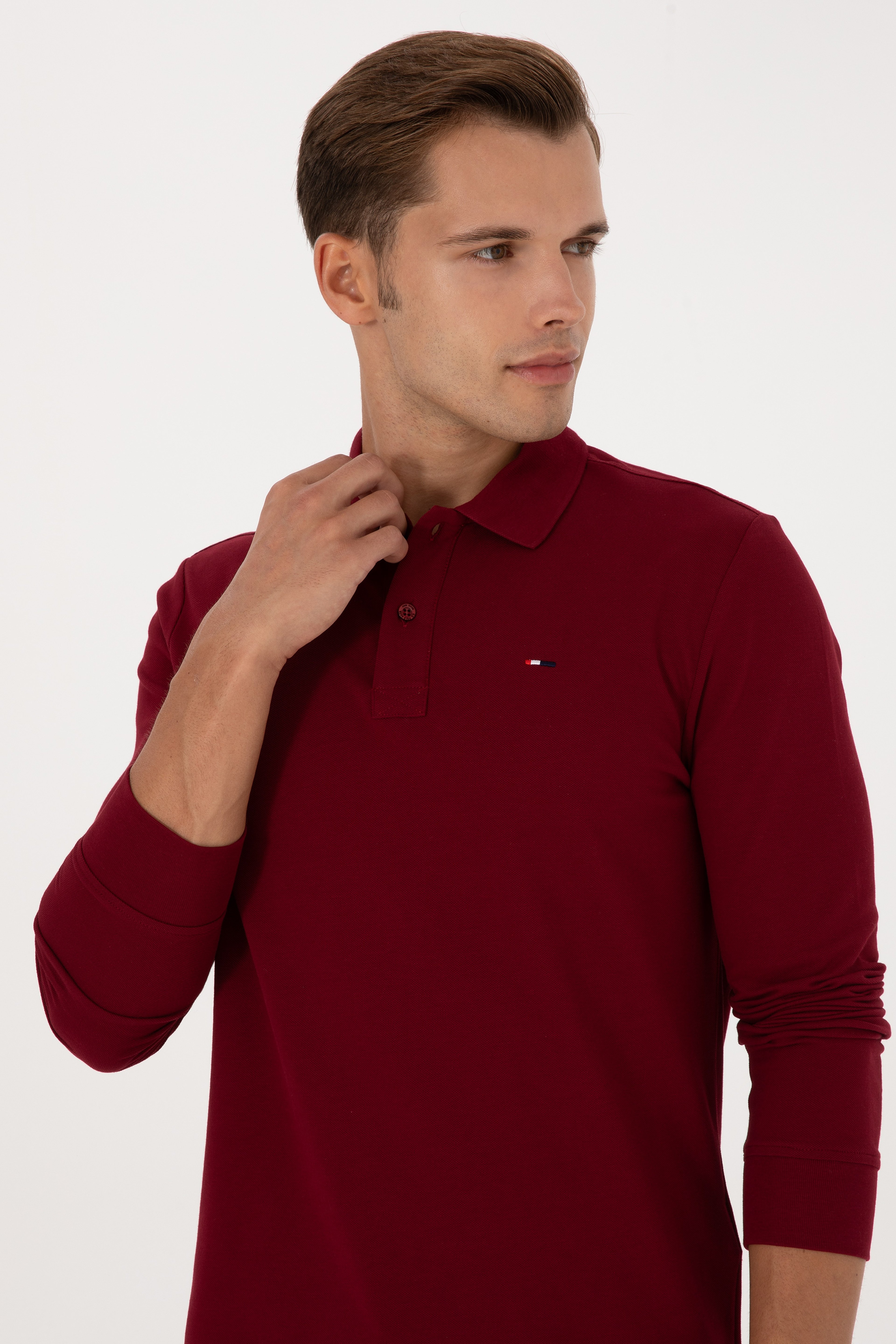 Erkek Regular Fit Polo Yaka Bordo Basic Sweatshirt