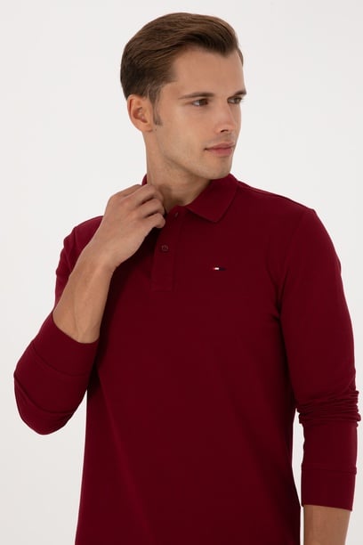 Erkek Regular Fit Polo Yaka Bordo Basic Sweatshirt
