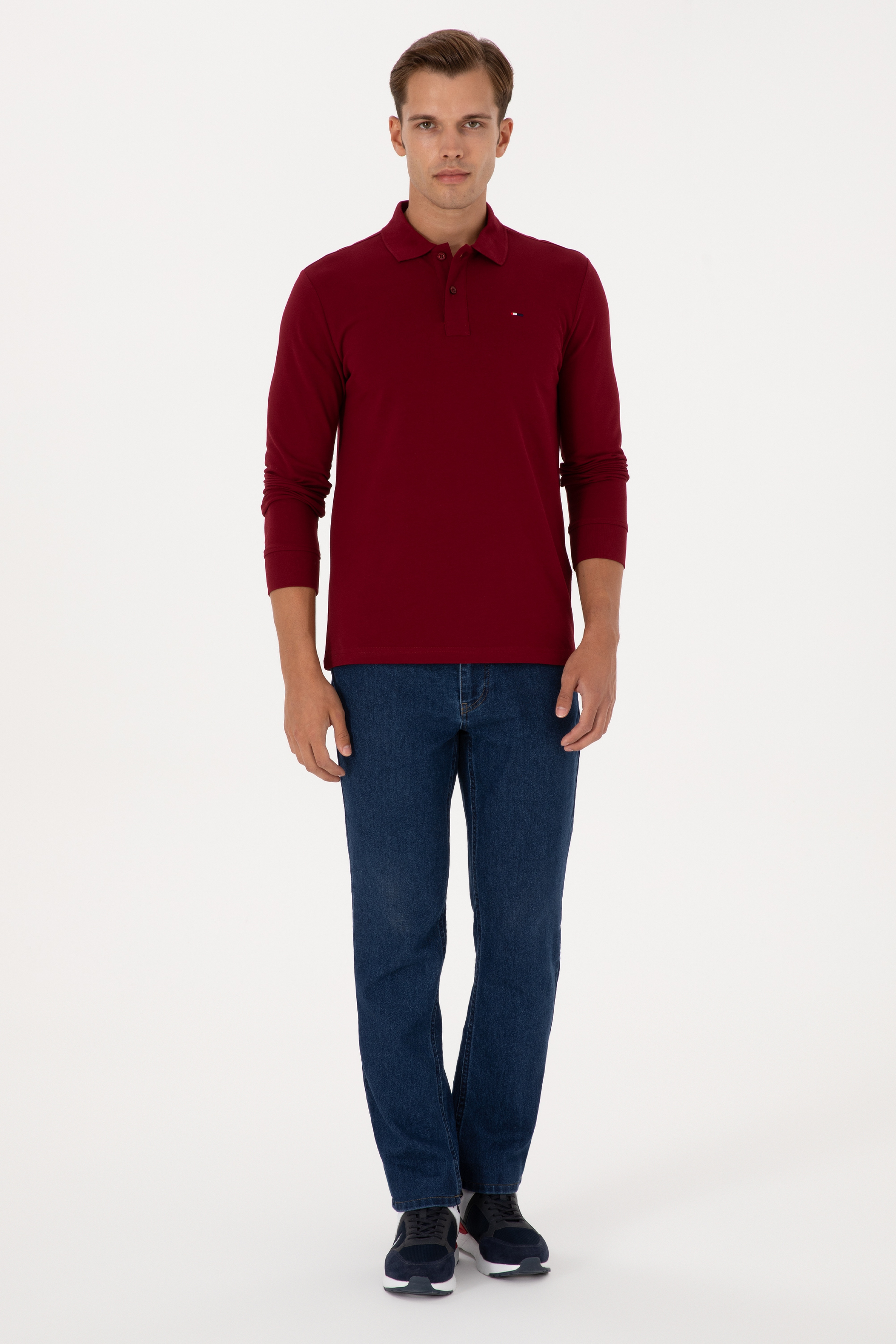 Erkek Regular Fit Polo Yaka Bordo Basic Sweatshirt - Image 4