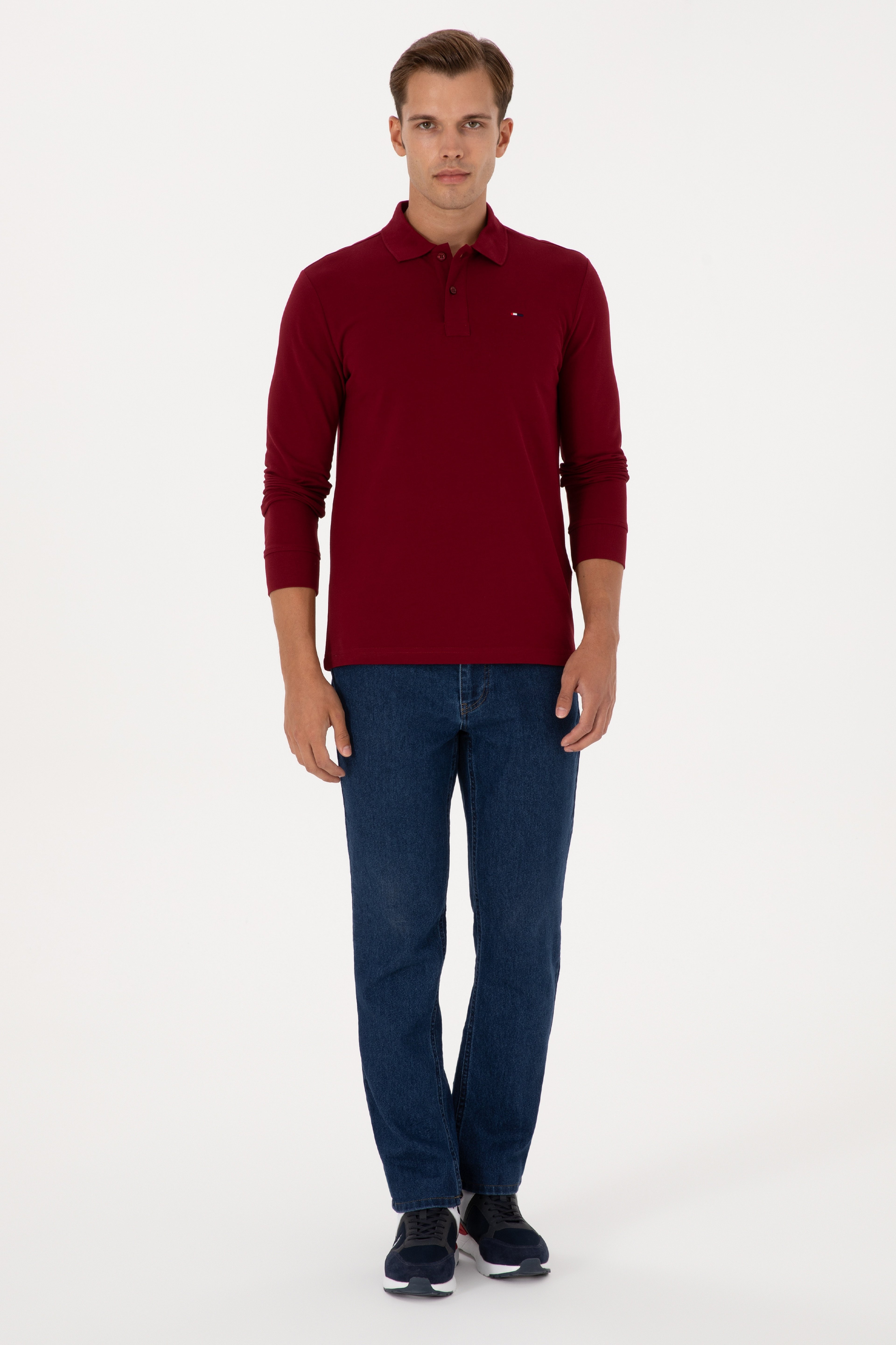 Erkek Regular Fit Polo Yaka Bordo Basic Sweatshirt