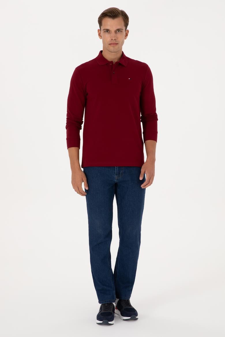 Erkek Regular Fit Polo Yaka Bordo Basic Sweatshirt - 50315941006