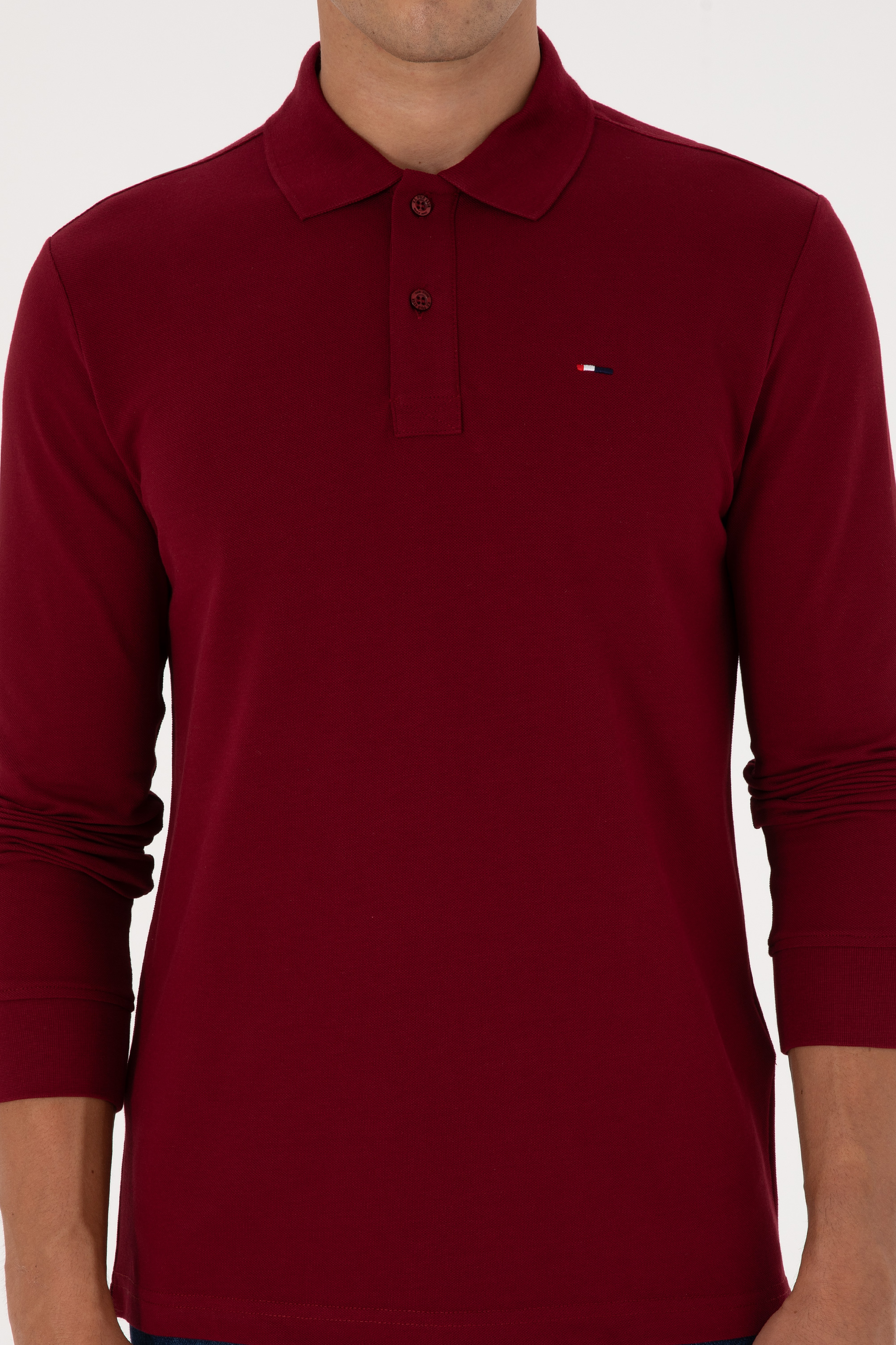Erkek Regular Fit Polo Yaka Bordo Basic Sweatshirt - Image 6