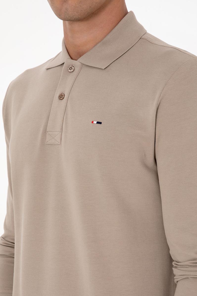 Erkek Regular Fit Polo Yaka Koyu Bej Basic Sweatshirt