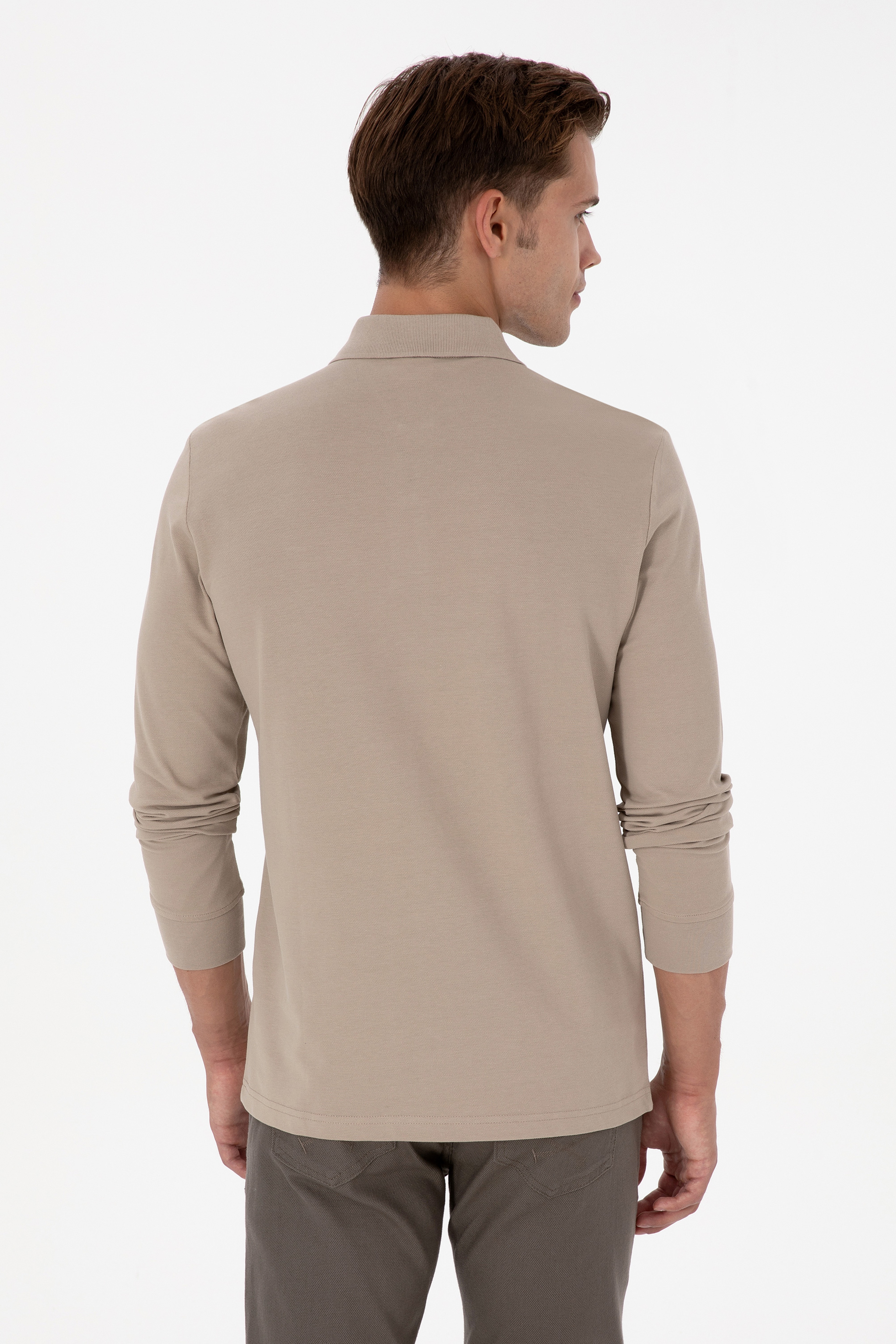 Erkek Regular Fit Polo Yaka Koyu Bej Basic Sweatshirt