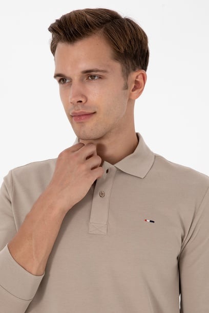 Erkek Regular Fit Polo Yaka Koyu Bej Basic Sweatshirt