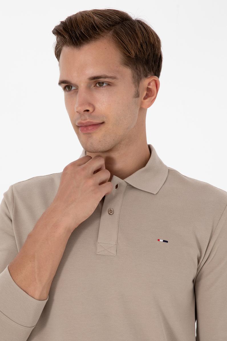 Erkek Regular Fit Polo Yaka Koyu Bej Basic Sweatshirt