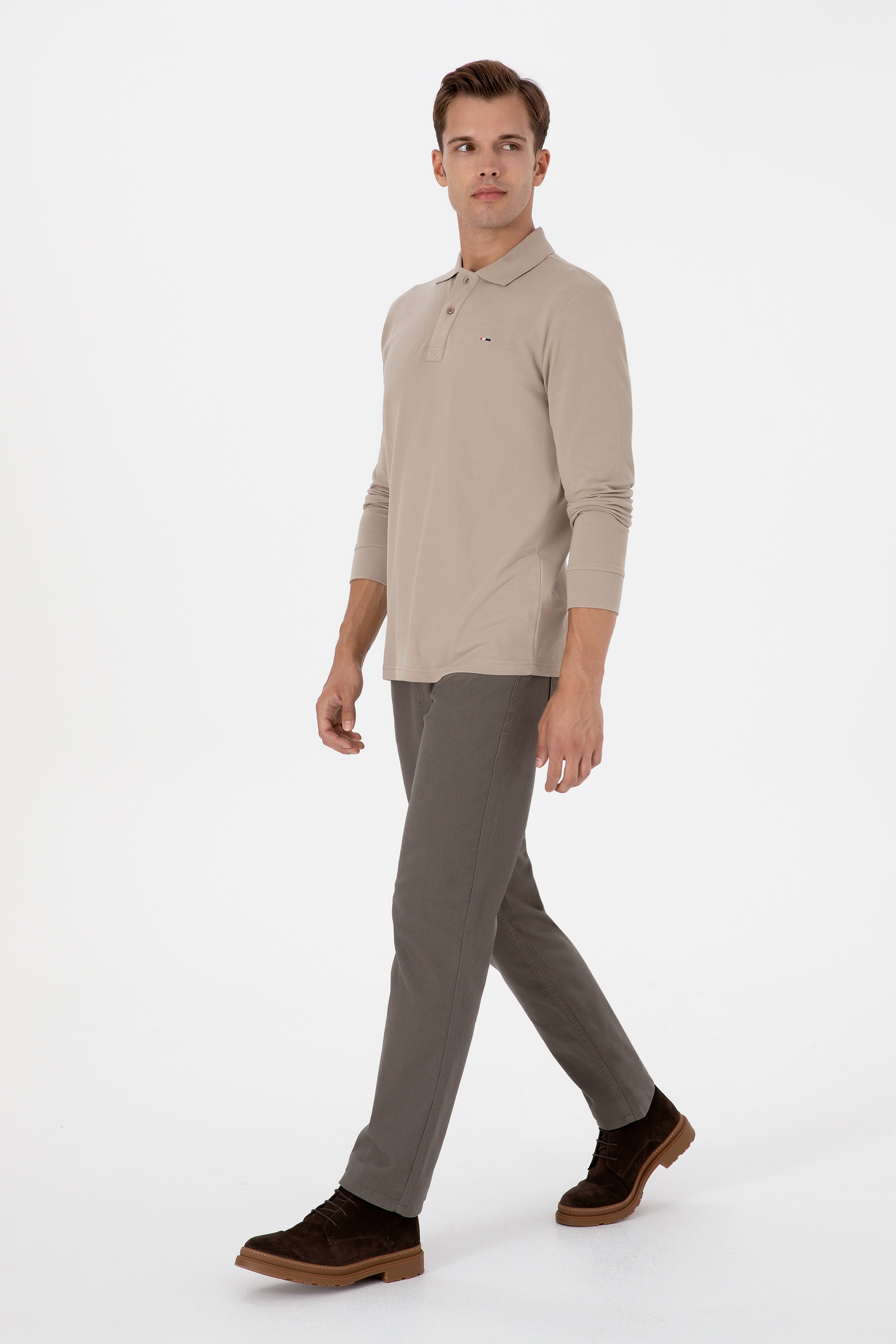 Erkek Regular Fit Polo Yaka Koyu Bej Basic Sweatshirt