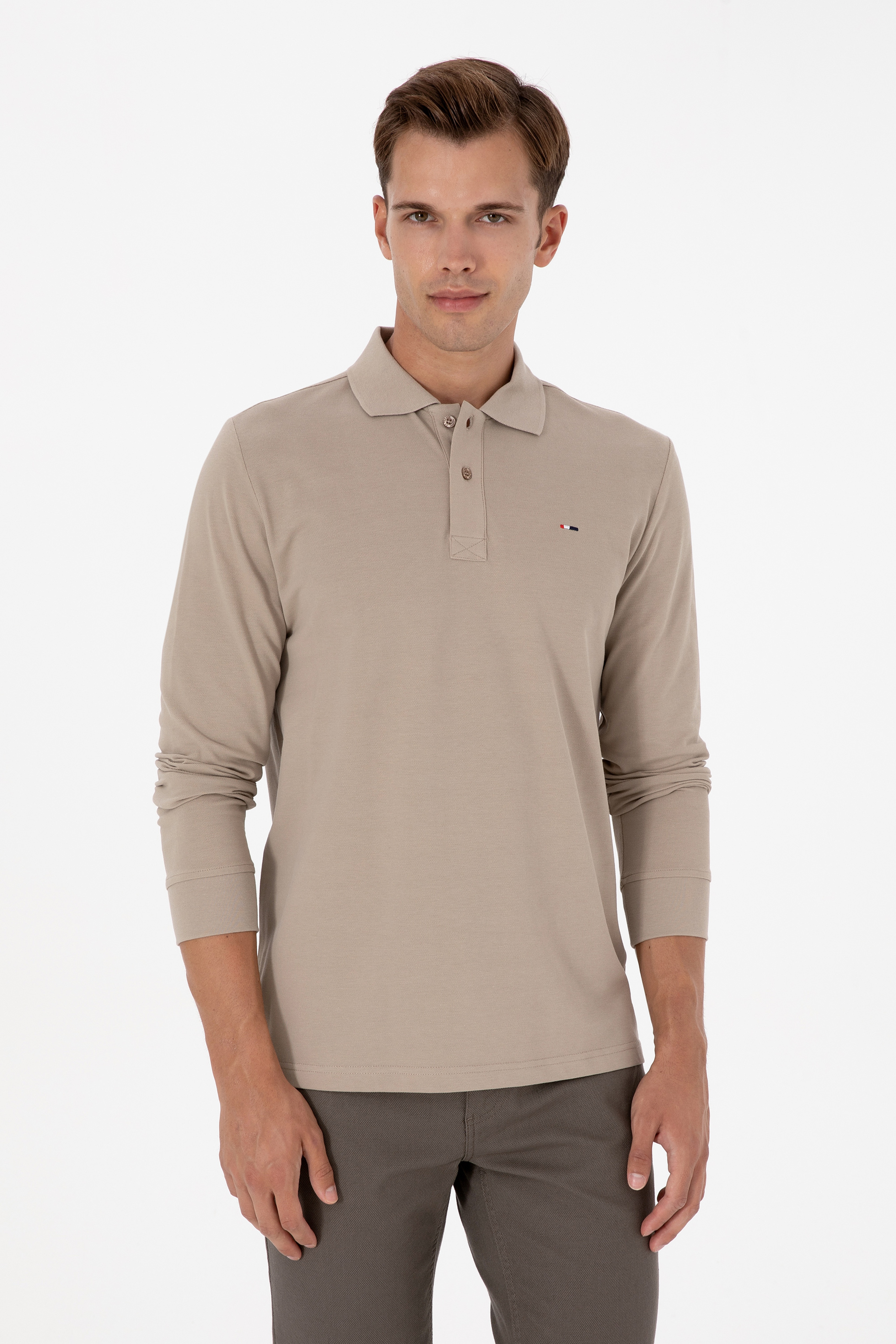 Erkek Regular Fit Polo Yaka Koyu Bej Basic Sweatshirt - Image 1