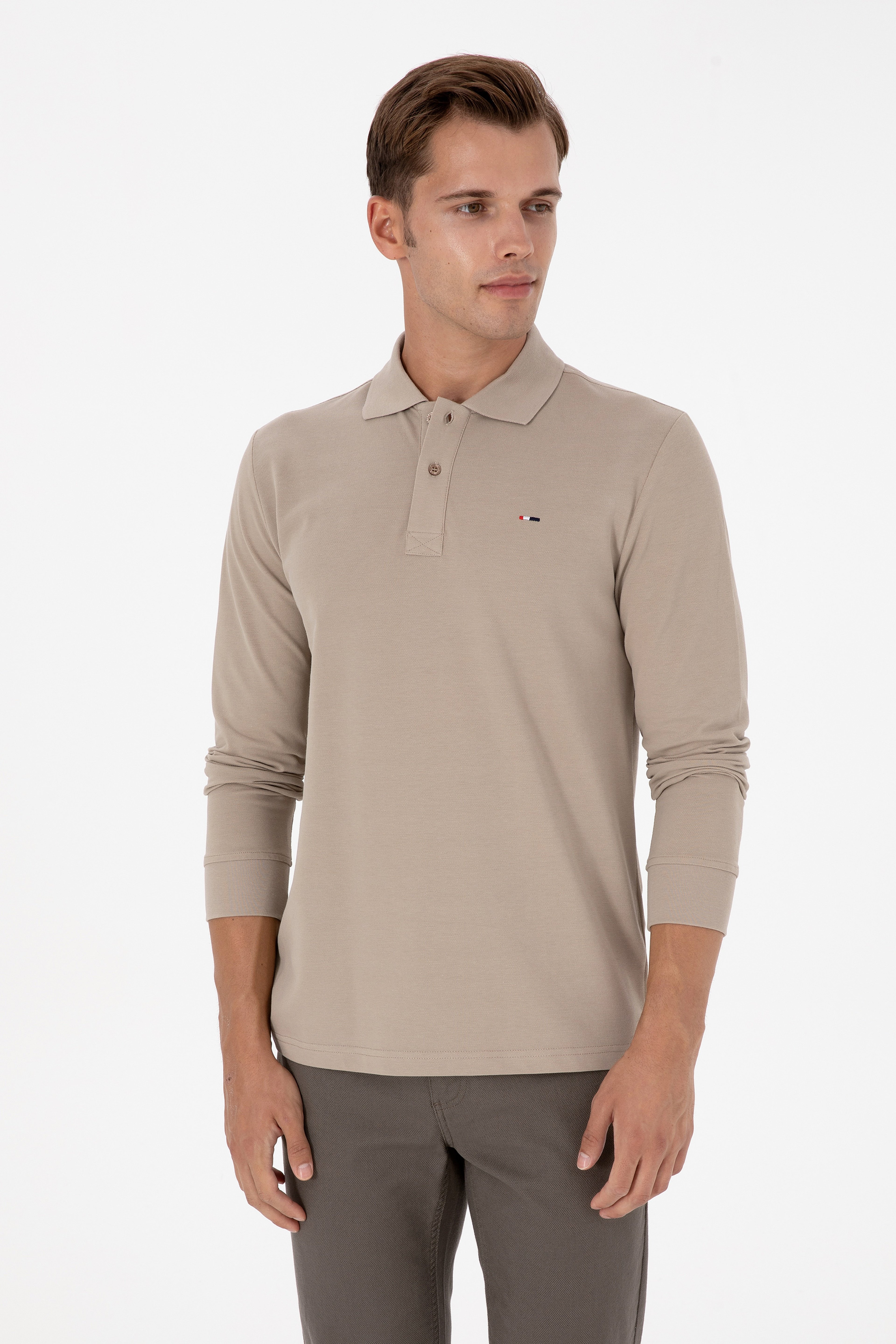 Erkek Regular Fit Polo Yaka Koyu Bej Basic Sweatshirt - Image 3