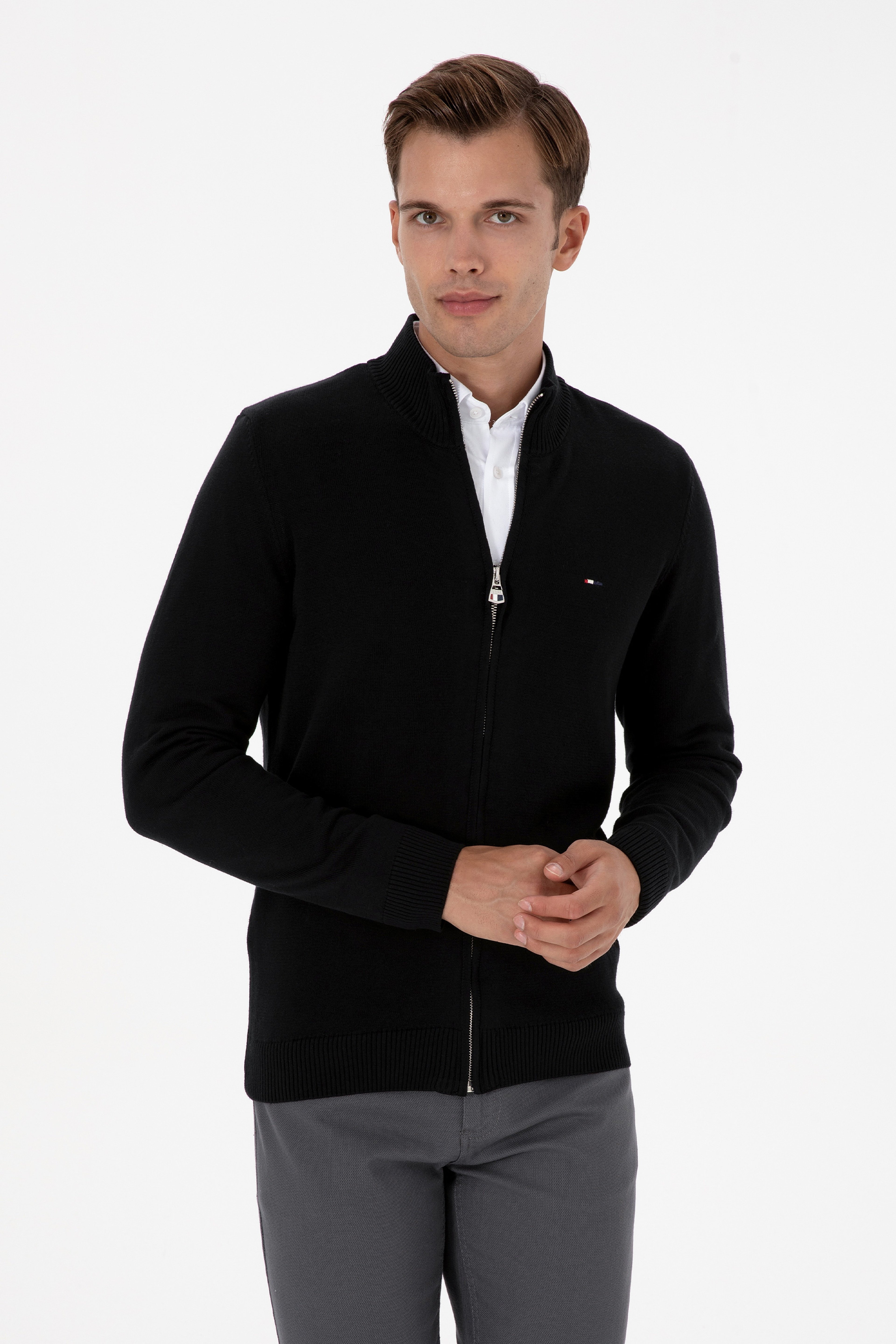 Erkek Slim Fit Siyah Basic Triko Hırka