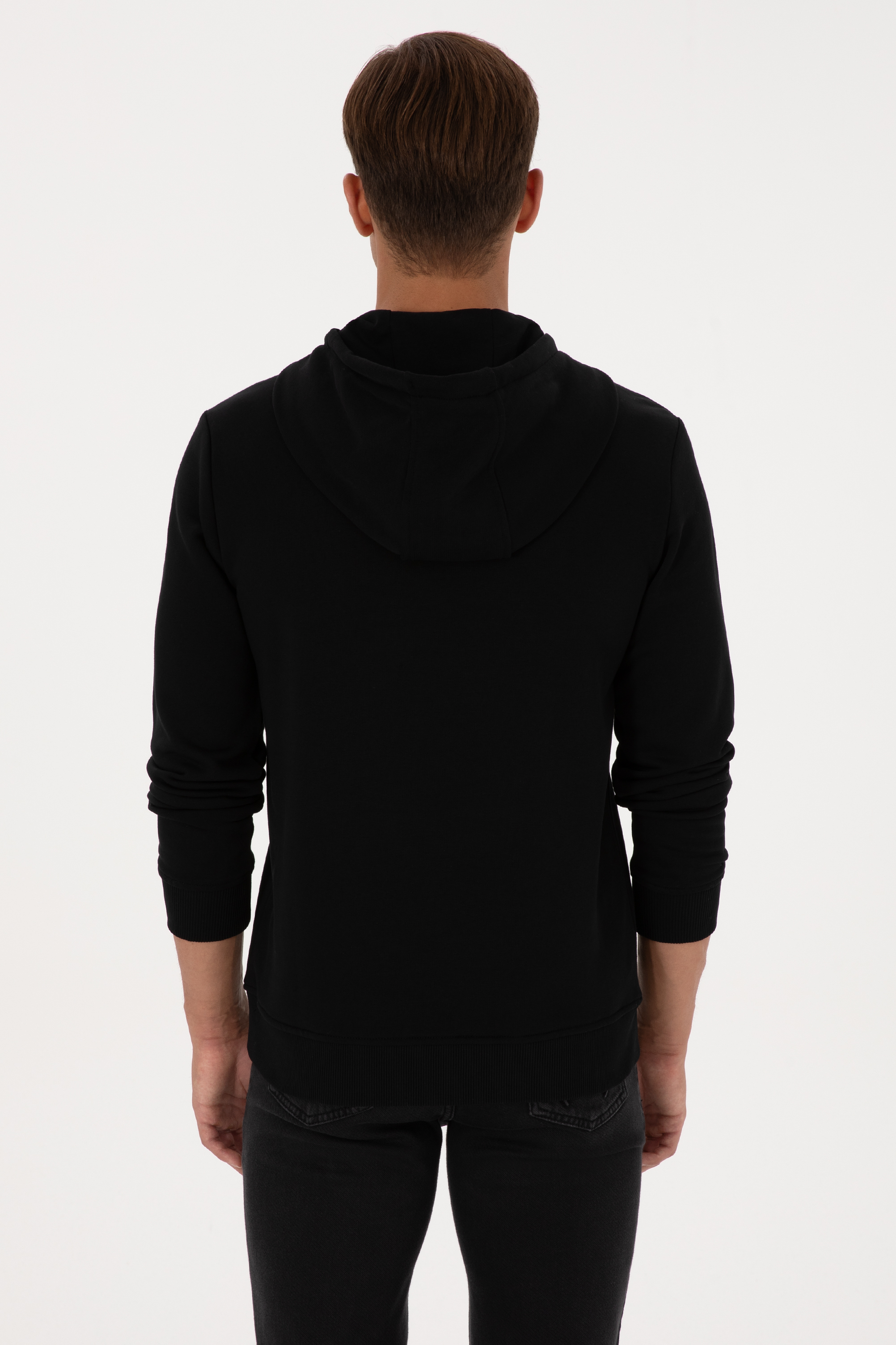 Erkek Regular Fit Kapüşonlu Siyah Basic Sweatshirt - Image 5