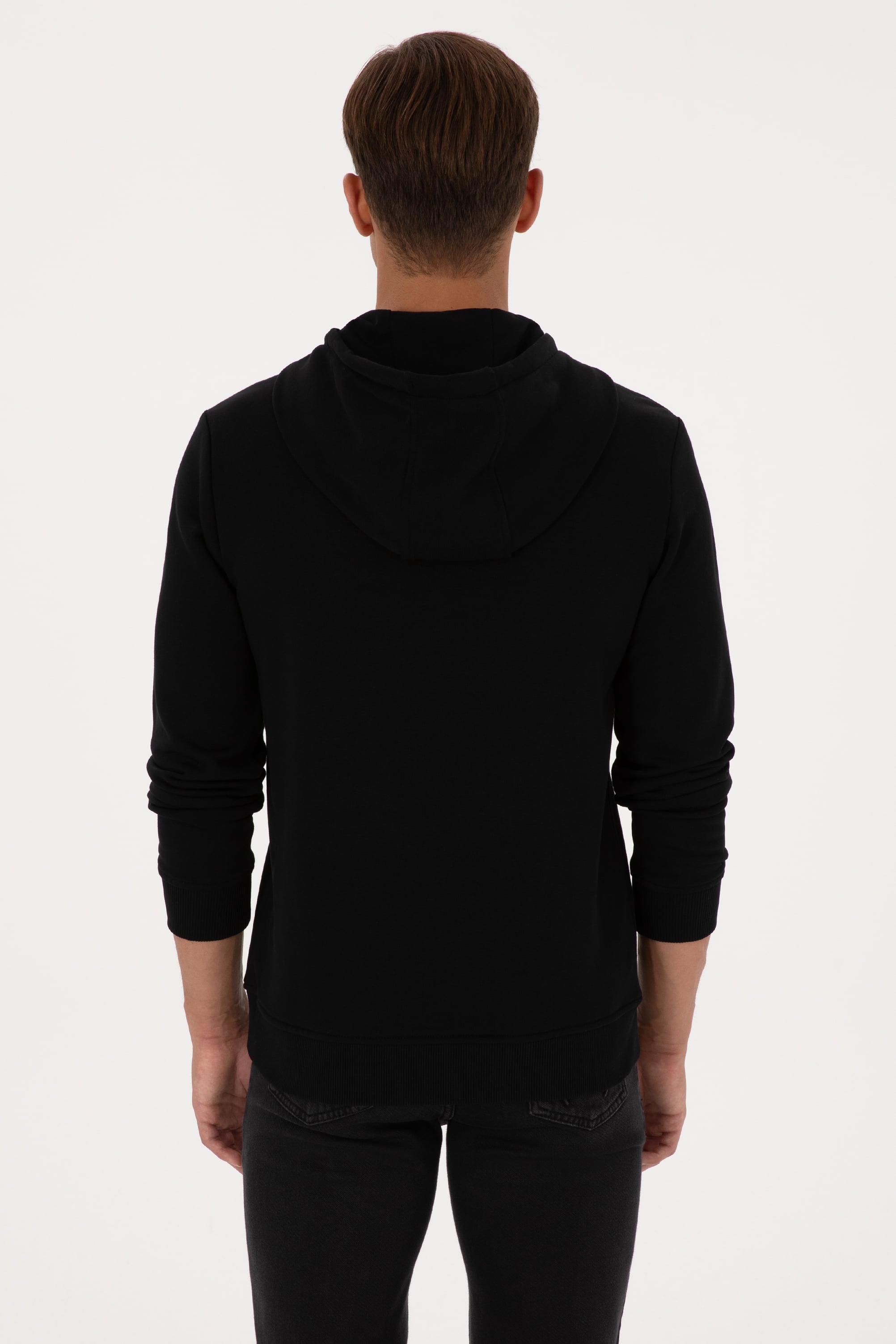 Erkek Regular Fit Kapüşonlu Siyah Basic Sweatshirt