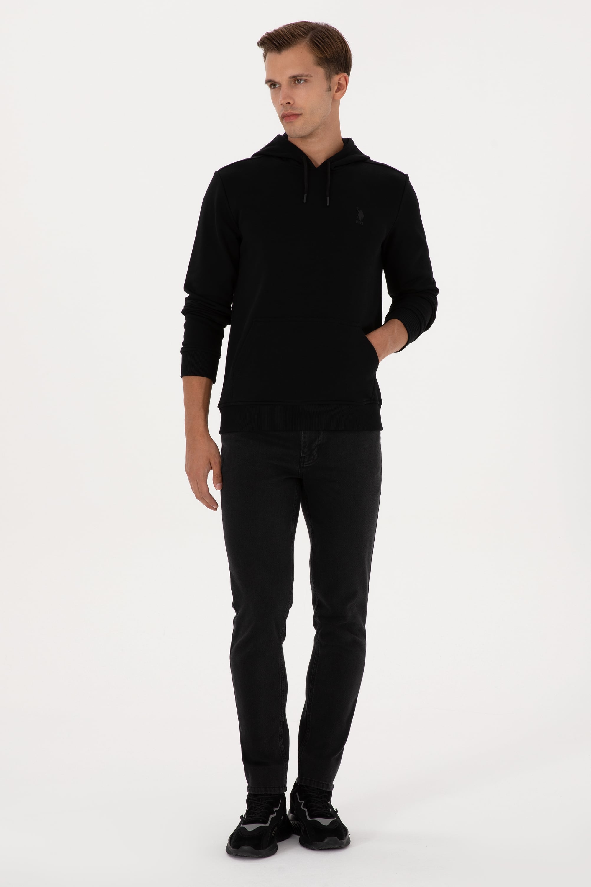Erkek Regular Fit Kapüşonlu Siyah Basic Sweatshirt - Image 4