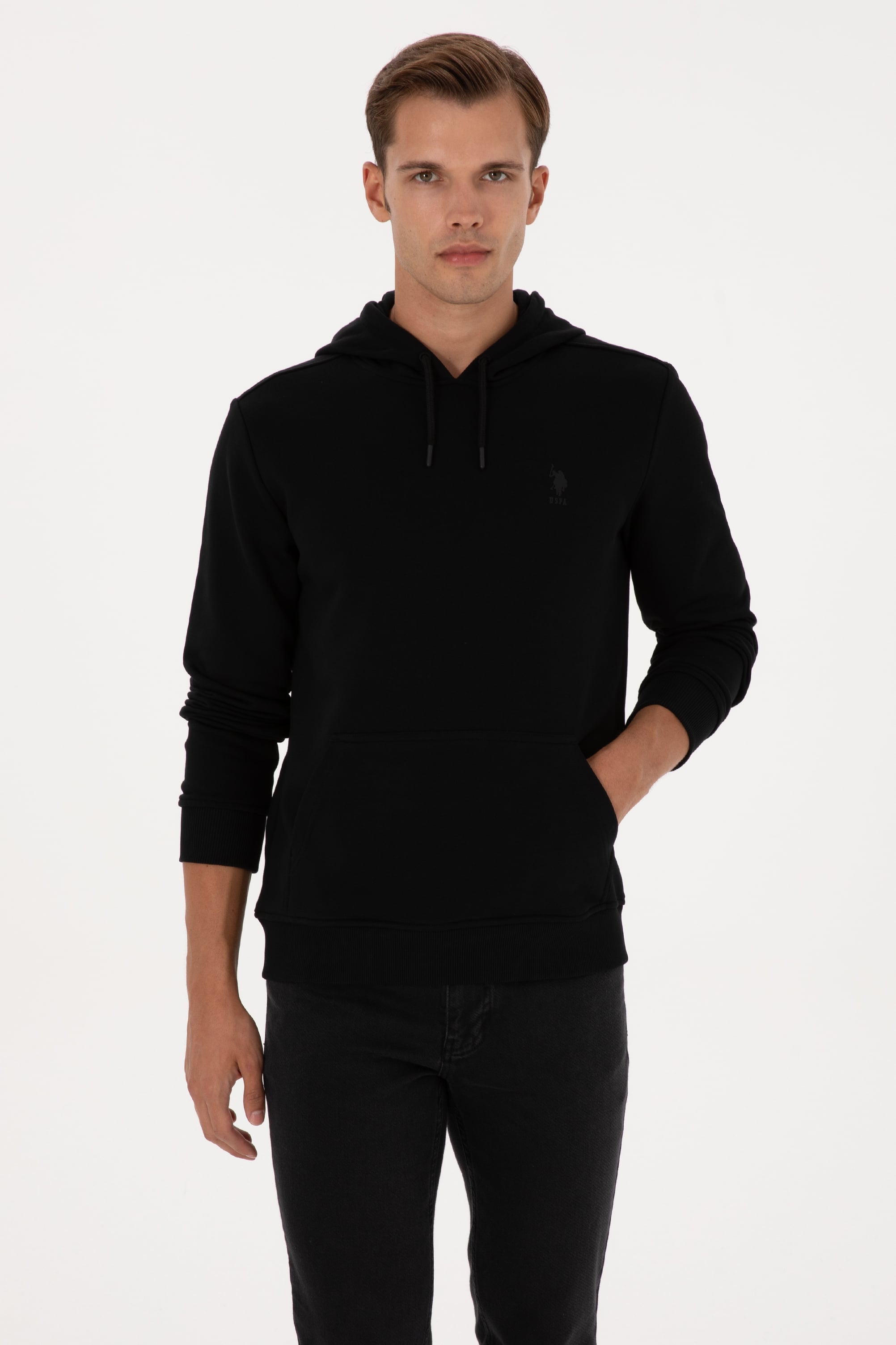 Erkek Regular Fit Kapüşonlu Siyah Basic Sweatshirt - Image 1