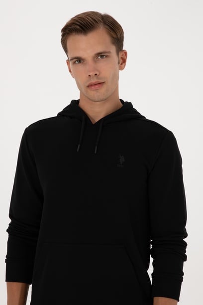 Erkek Regular Fit Kapüşonlu Siyah Basic Sweatshirt