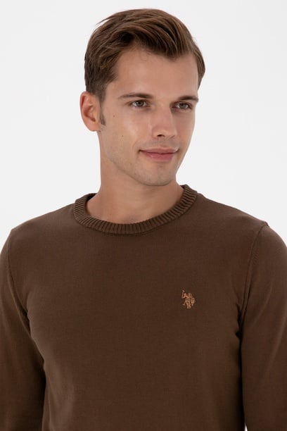 Erkek Slim Fit Bisiklet Yaka Kahverengi Basic Kazak