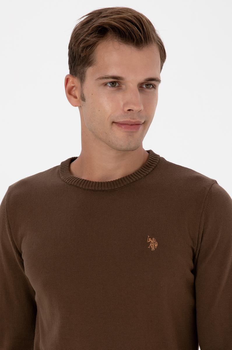 Erkek Slim Fit Bisiklet Yaka Kahverengi Basic Kazak