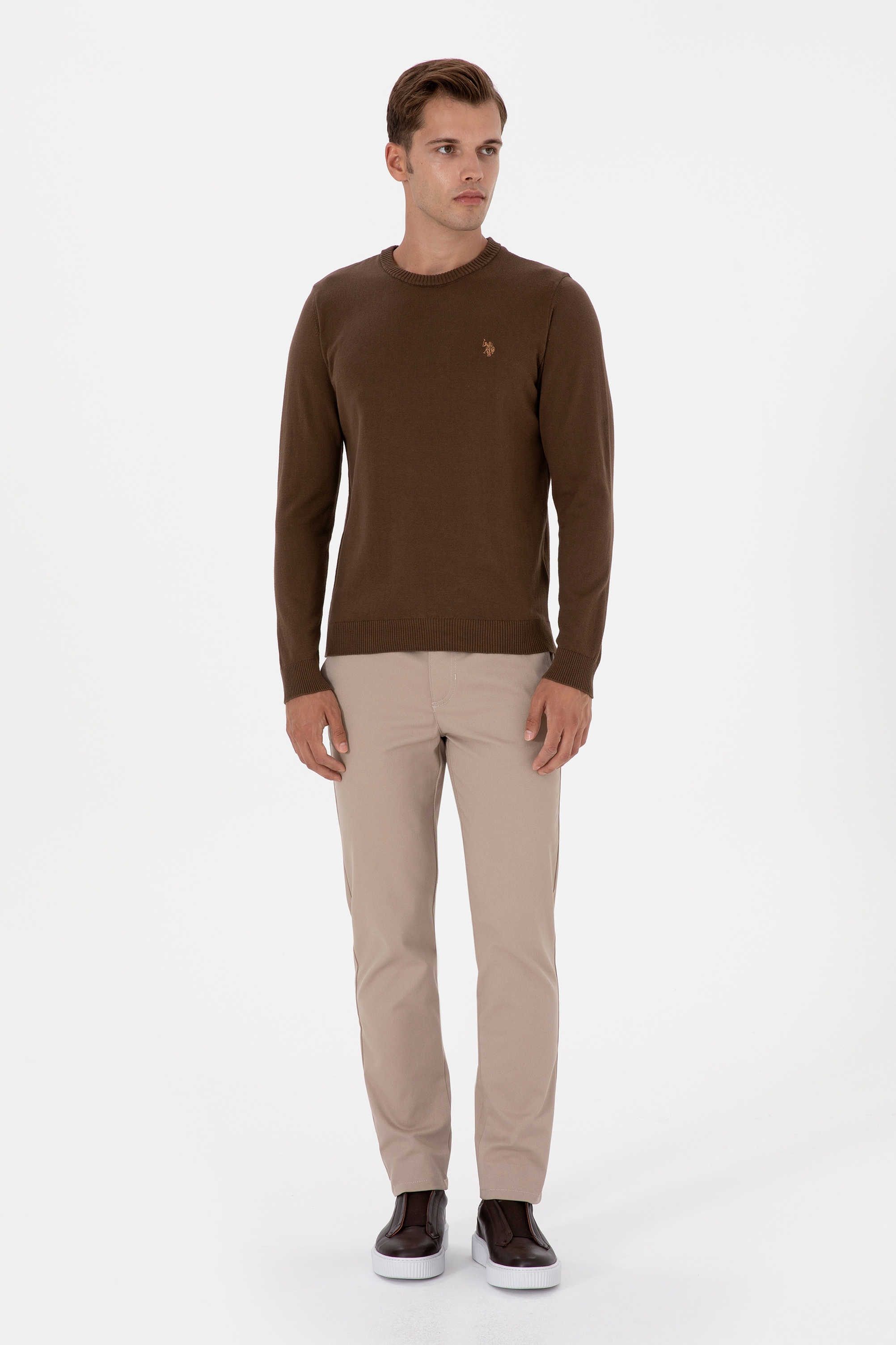 Erkek Slim Fit Bisiklet Yaka Kahverengi Basic Kazak - Image 4