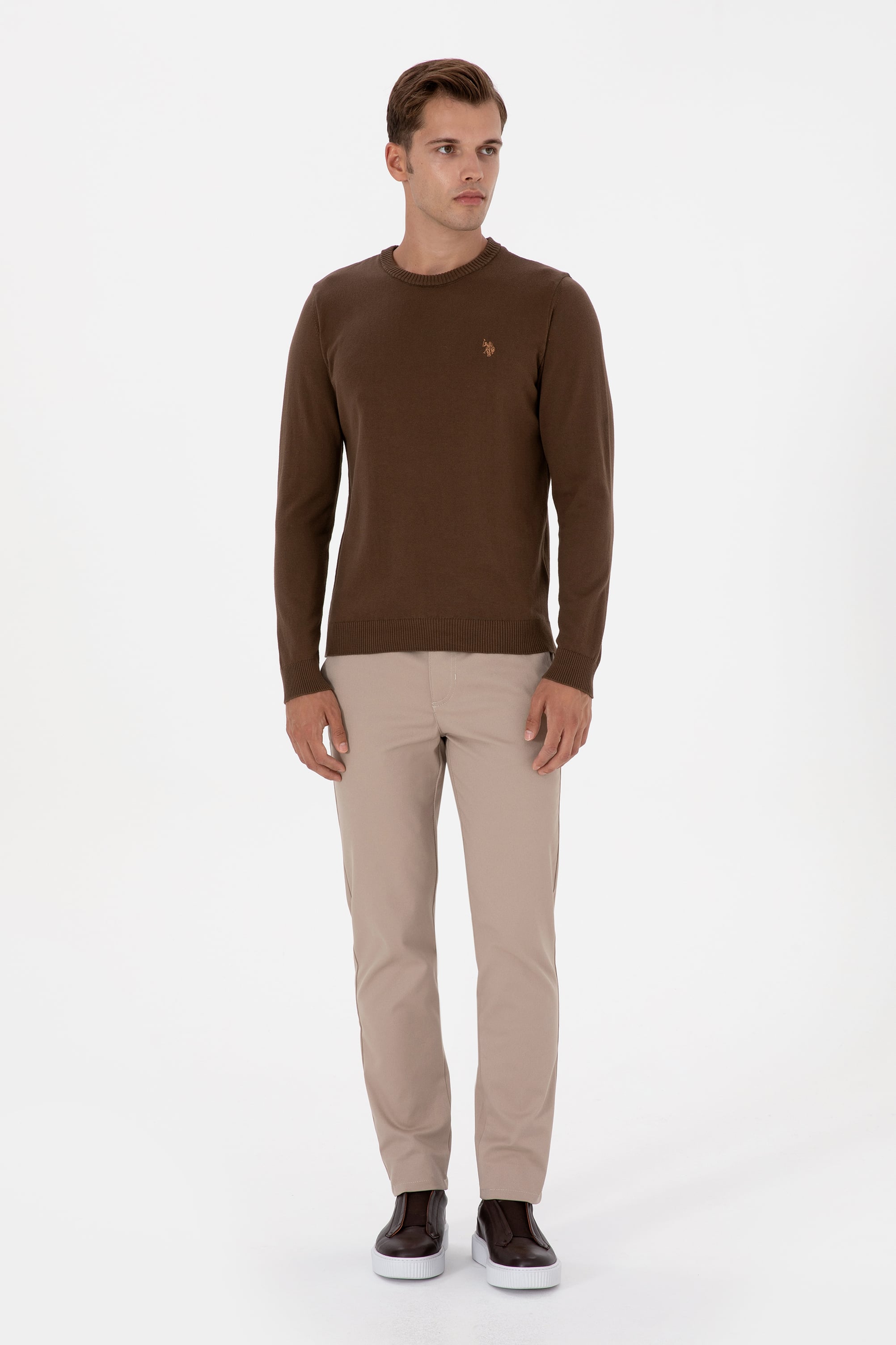 Erkek Slim Fit Bisiklet Yaka Kahverengi Basic Kazak