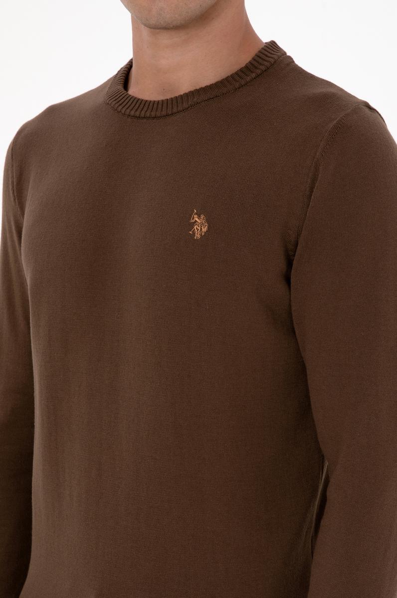 Erkek Slim Fit Bisiklet Yaka Kahverengi Basic Kazak