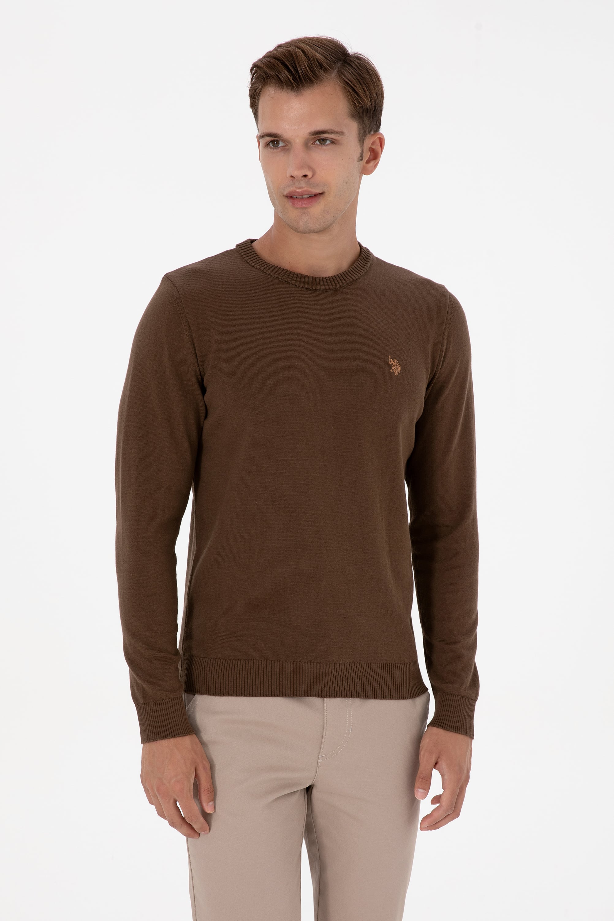 Erkek Slim Fit Bisiklet Yaka Kahverengi Basic Kazak
