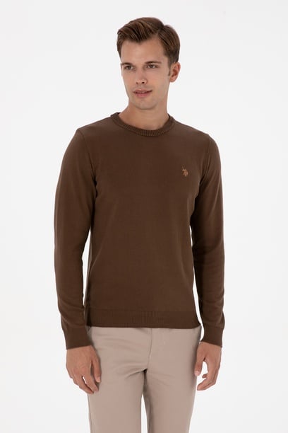 Erkek Slim Fit Bisiklet Yaka Kahverengi Basic Kazak