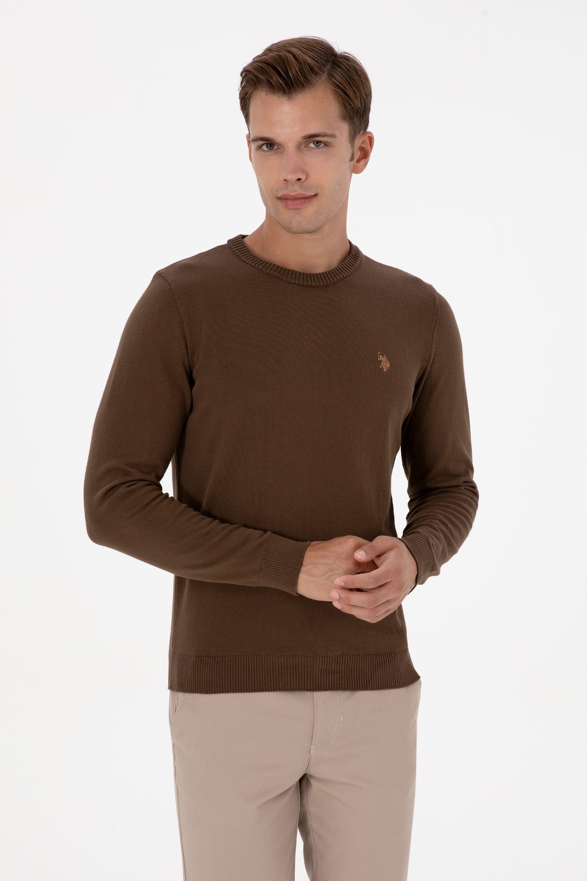 Erkek Slim Fit Bisiklet Yaka Kahverengi Basic Kazak