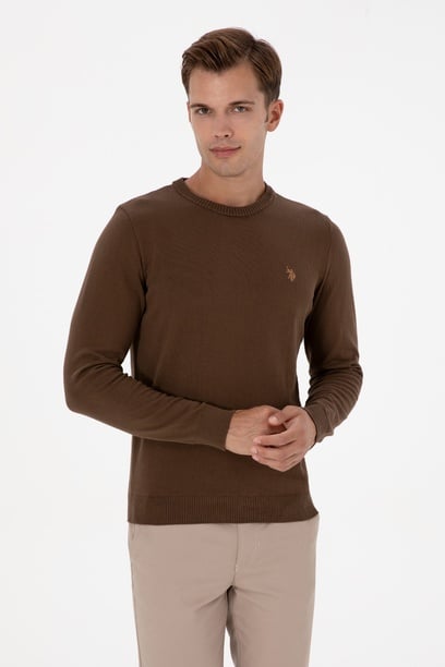 Erkek Slim Fit Bisiklet Yaka Kahverengi Basic Kazak
