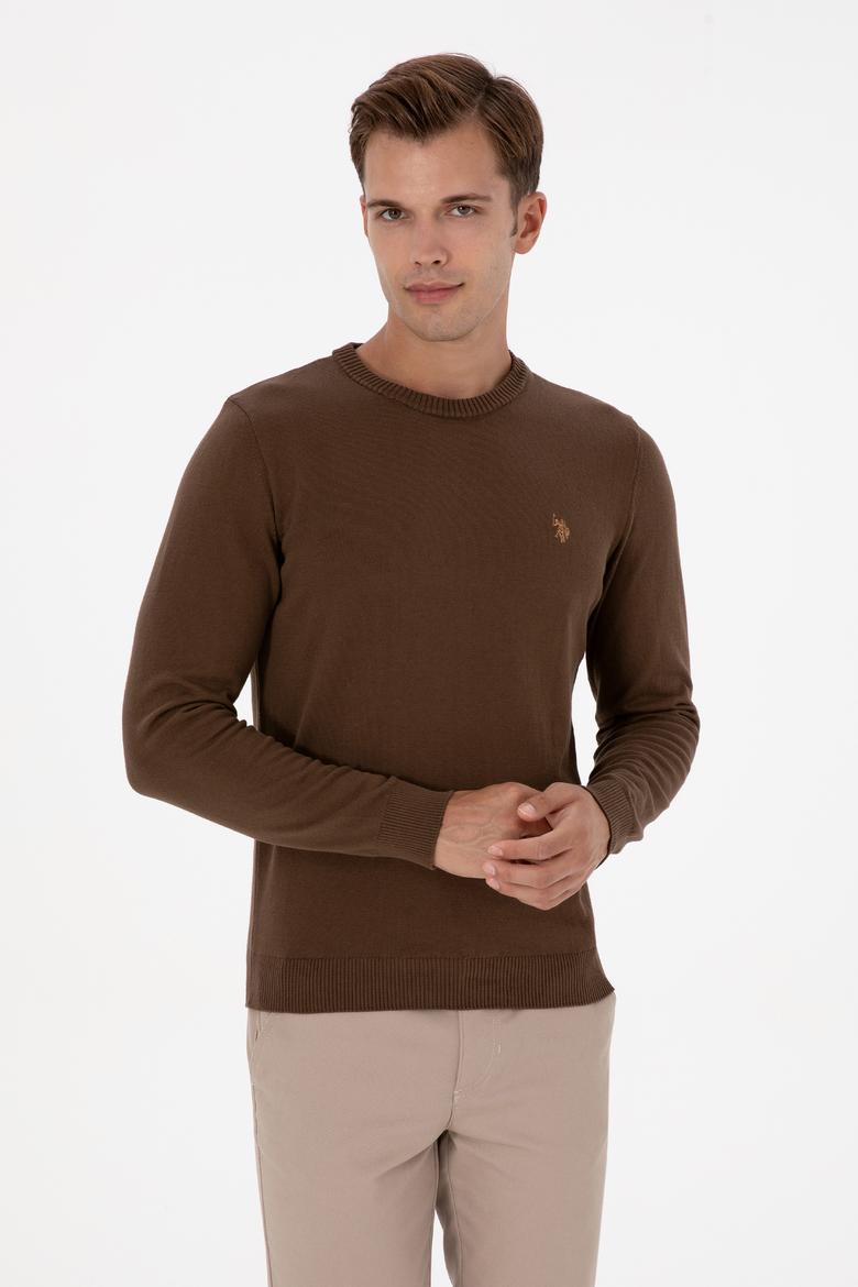 Erkek Slim Fit Bisiklet Yaka Kahverengi Basic Kazak