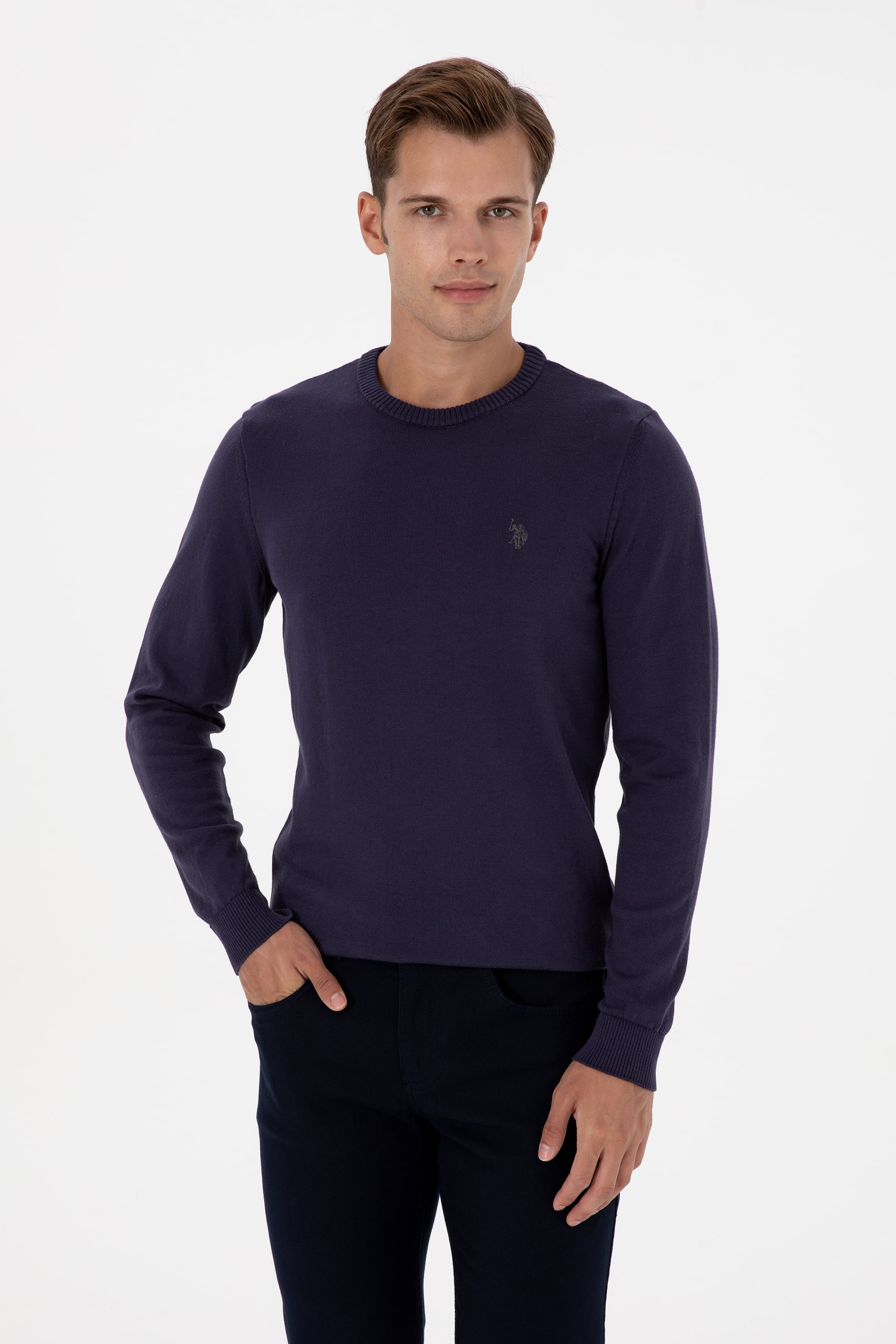 Erkek Slim Fit Bisiklet Yaka Mürdüm Basic Kazak - Image 1