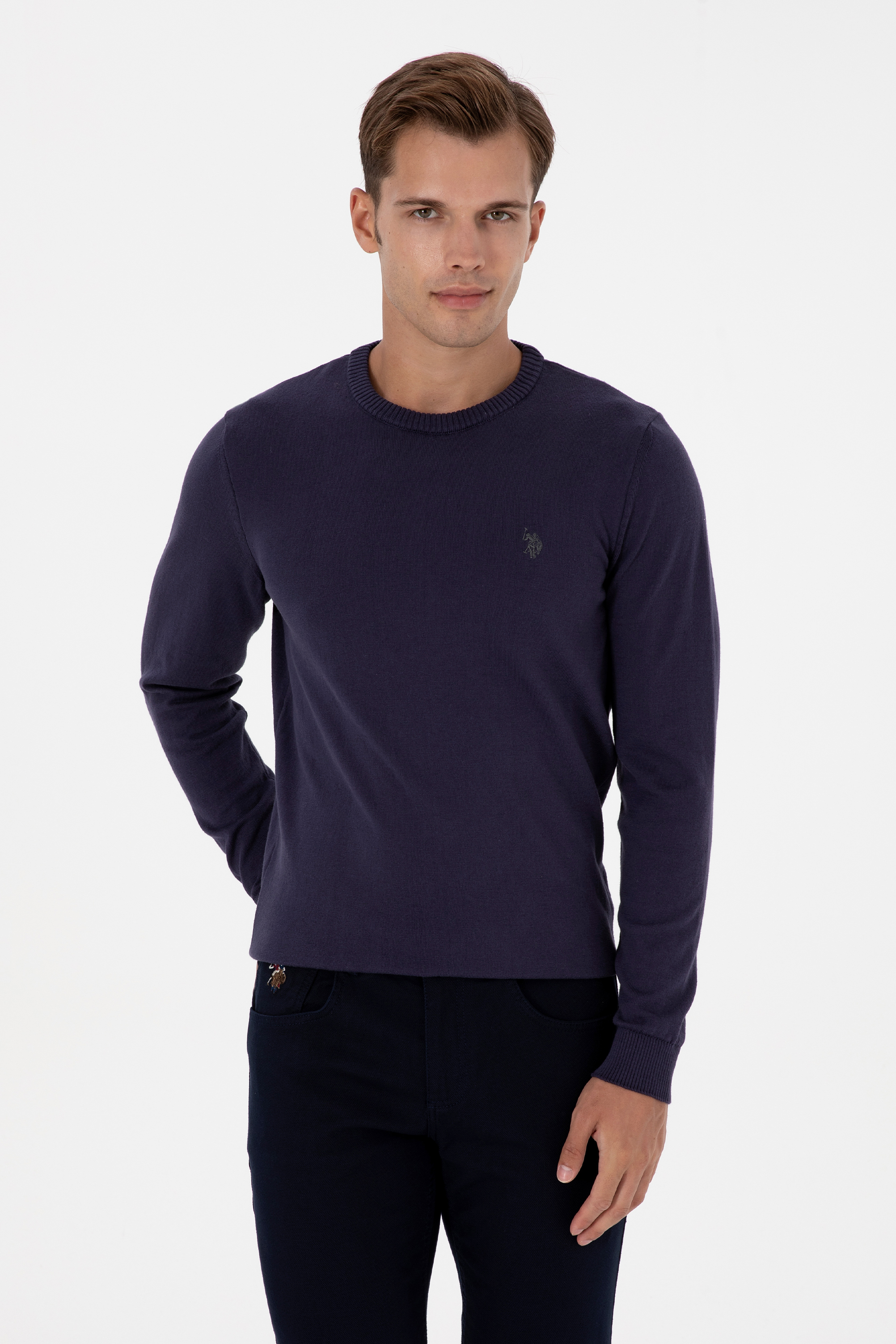 Erkek Slim Fit Bisiklet Yaka Mürdüm Basic Kazak - Image 3