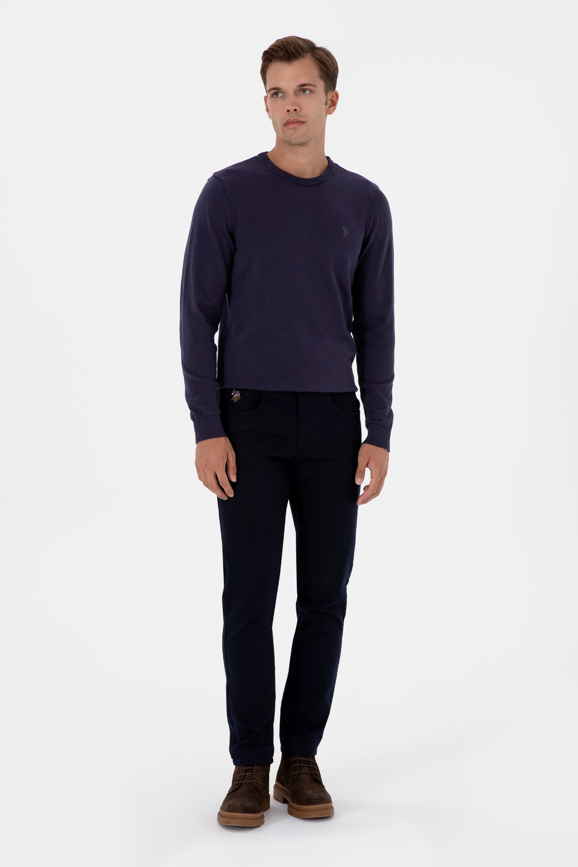 Erkek Slim Fit Bisiklet Yaka Mürdüm Basic Kazak - Image 4